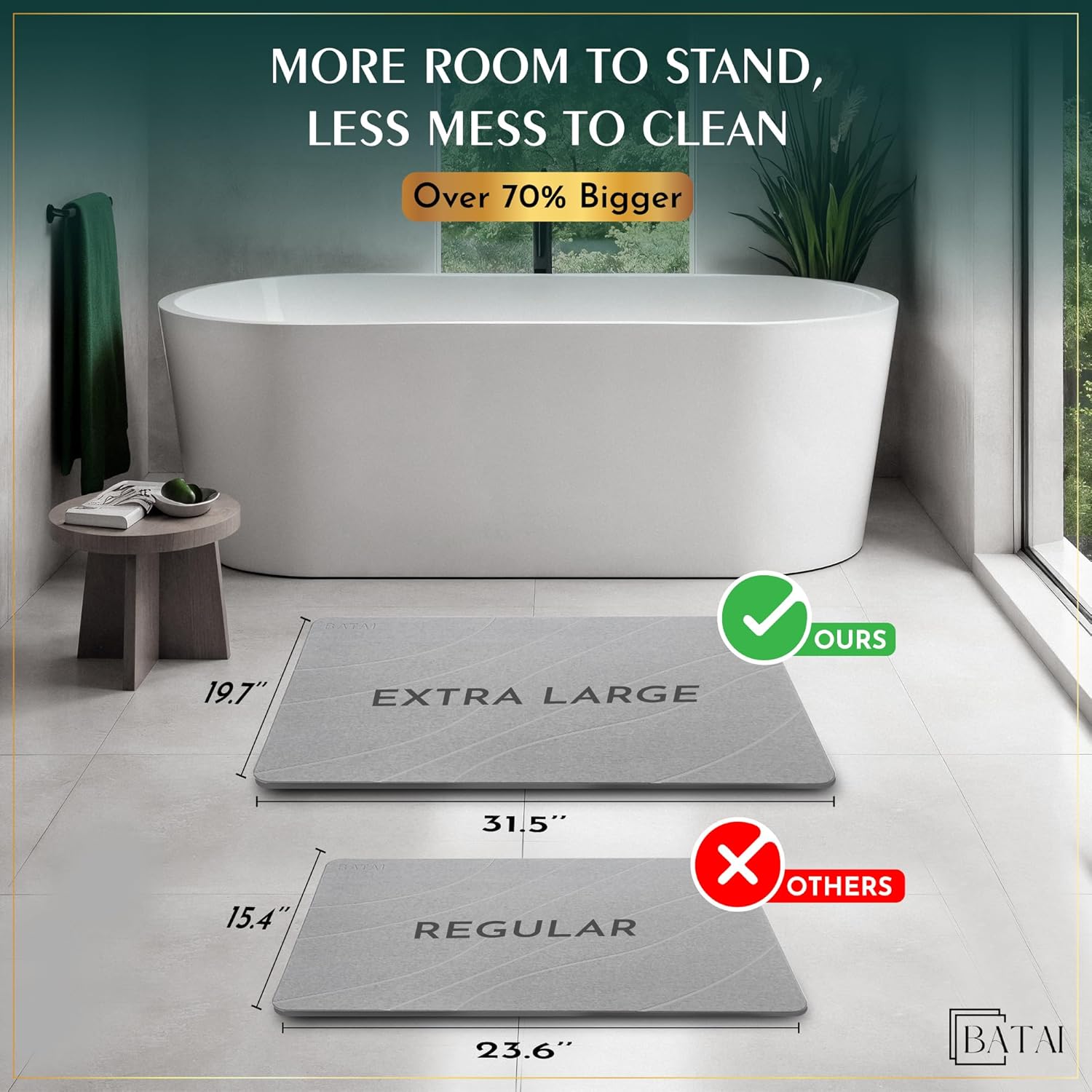 Extra Large Stone Bath Mat - (31.5” x 19.7”) - Absorbent Diatomaceous Earth Stone Bath Mat Large - Non-Slip Diatomite Bathmat - Easy Clean and Quick Drying - Long Instant Dry Bathmat - Light Gray XL