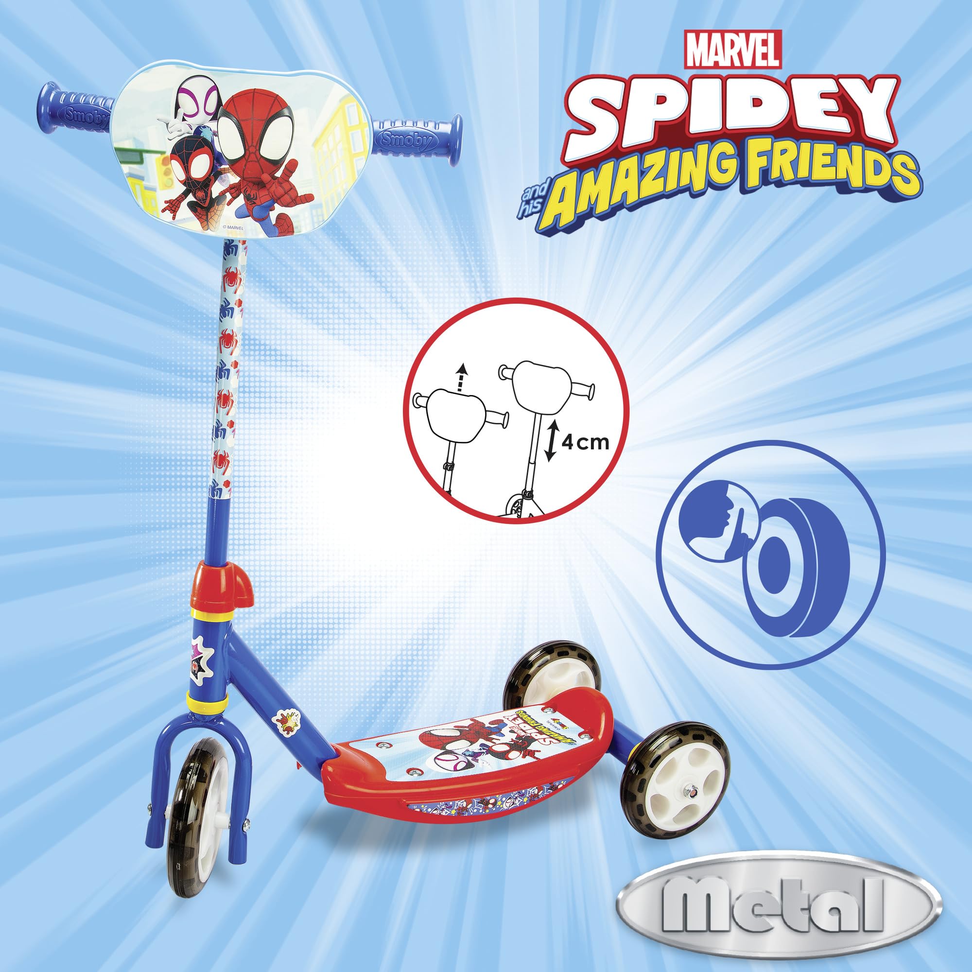 Smoby - Spidey - Hulajnoga 3-kołowa - Metalowa rama - Regulowana kierownica - Podnóżek antypoślizgowy - Od 3 lat - Maksymalna waga 20 kg