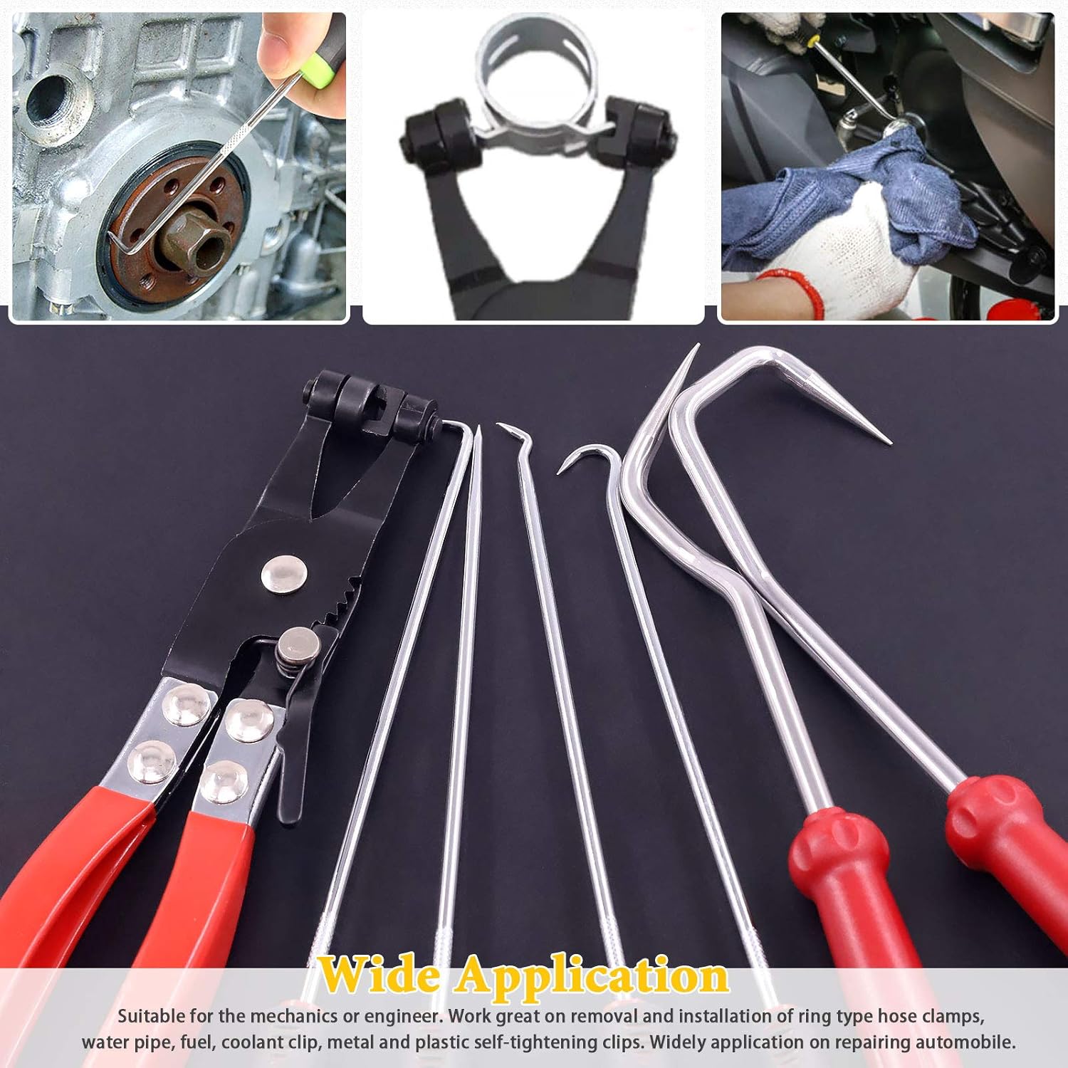 Keadic 7 Pieces Hose Clamp Plier Set, Including 6Pcs Hose Clamp Removal Hooks and Picks & 1Pcs Flat Band Car Water Pipe Locking Plier for Car Truck Fuel Oil Water Pipe Repair