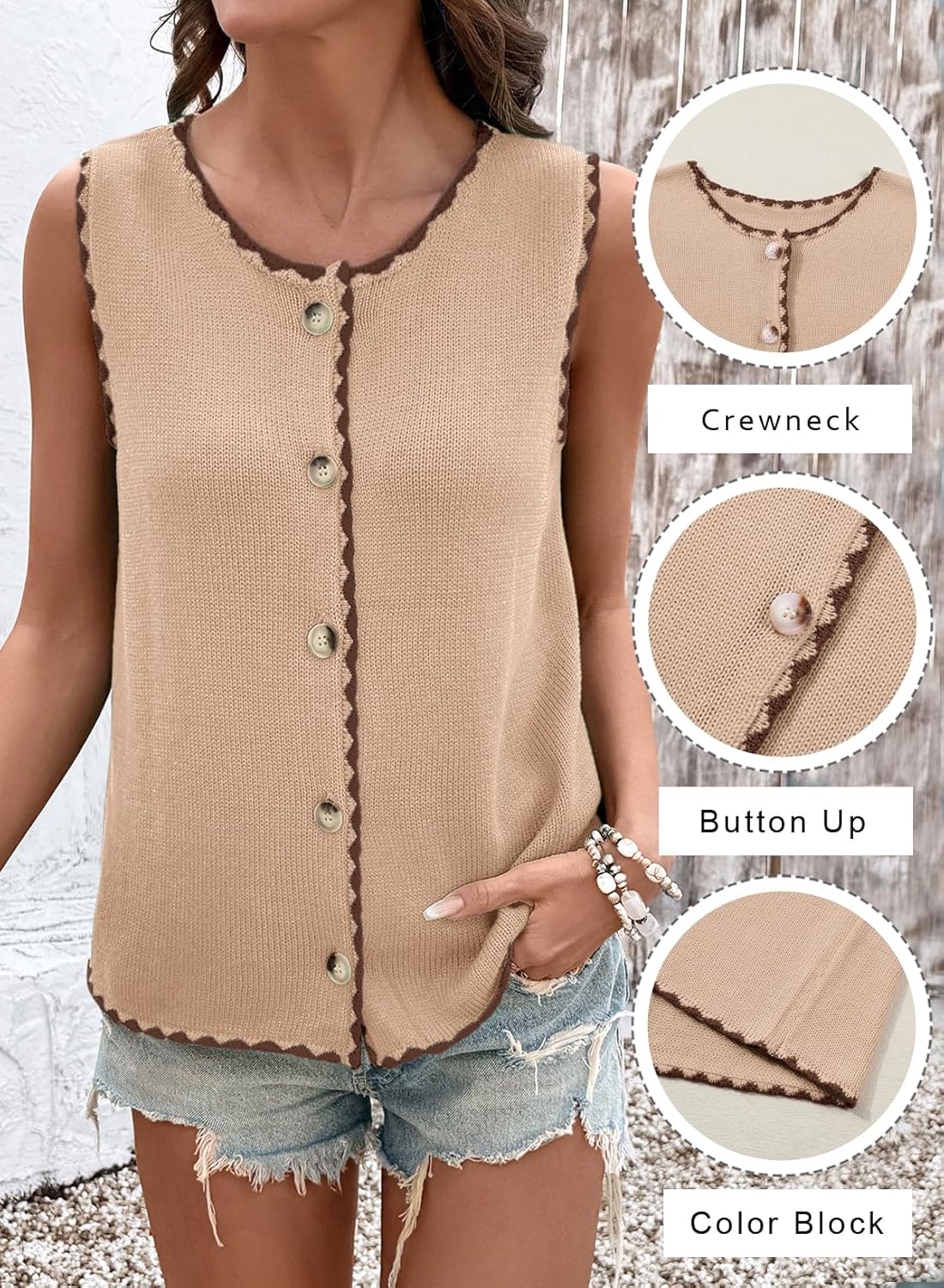 Dokotoo Vest Tops for Women 2026 Button Up Color Block Casual Sweater Vests Trendy Spring Summer Tops - Image 6