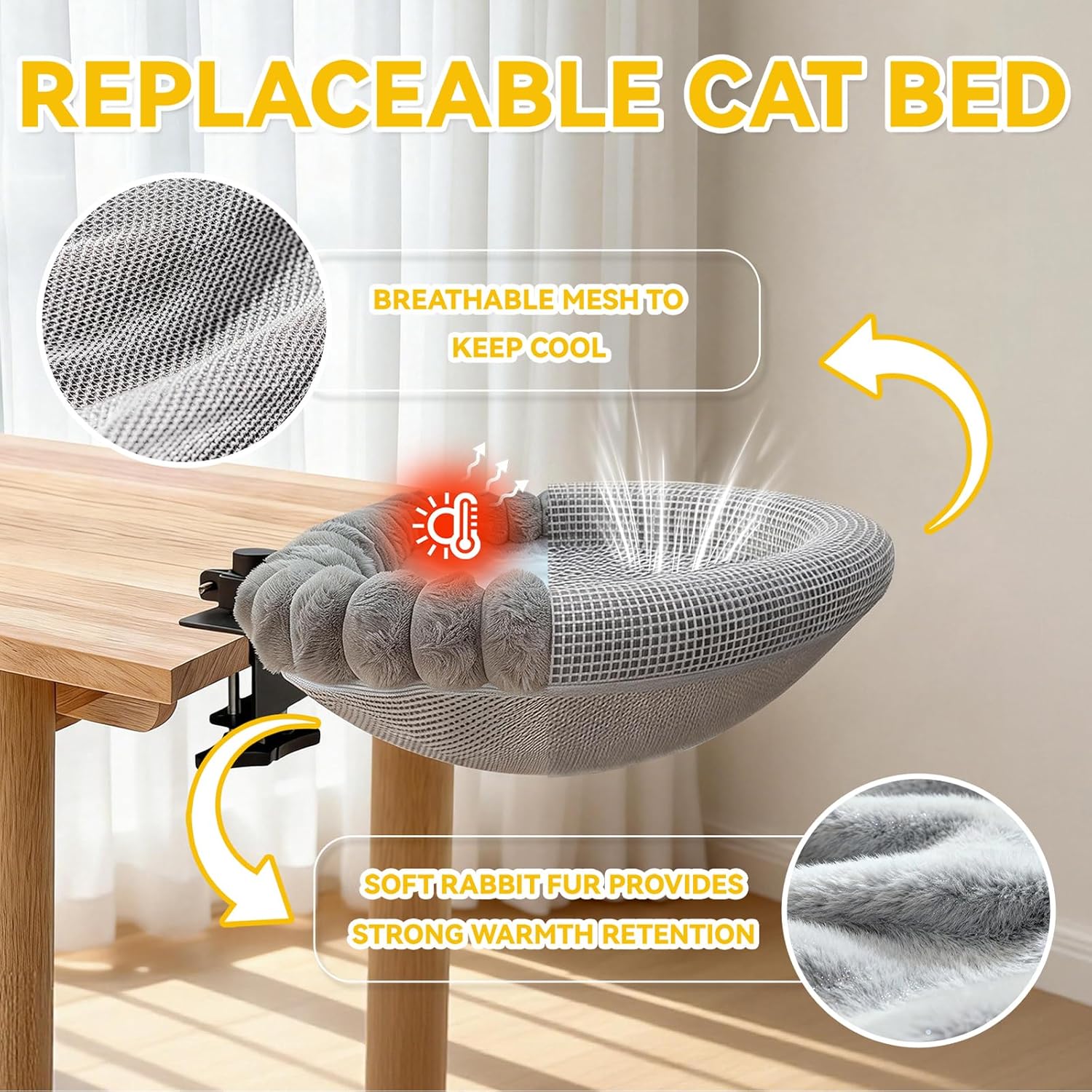 20"x16" Rotatable Foldable Cat Desk Bed - 2 Detachable Washable Mats for Desk Cat Bed, Double Screw Reinforced Support, 50LBS Bearing Capacity | Cat Desk Hammock for Home Office & Gaming Desks