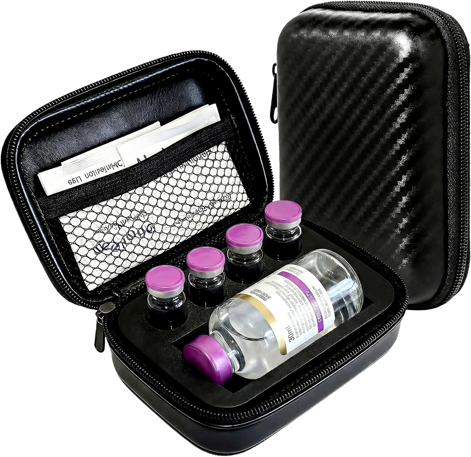Peptide Case for Fridge & Travel, Dual-Size 3ml/30ml Vial Storage Organizer, Shockproof Water-Resistant 5-Slot Case with Mesh Pocket, Fits Insulin Vials & Lab Essentials (EVA Interior, Black)
