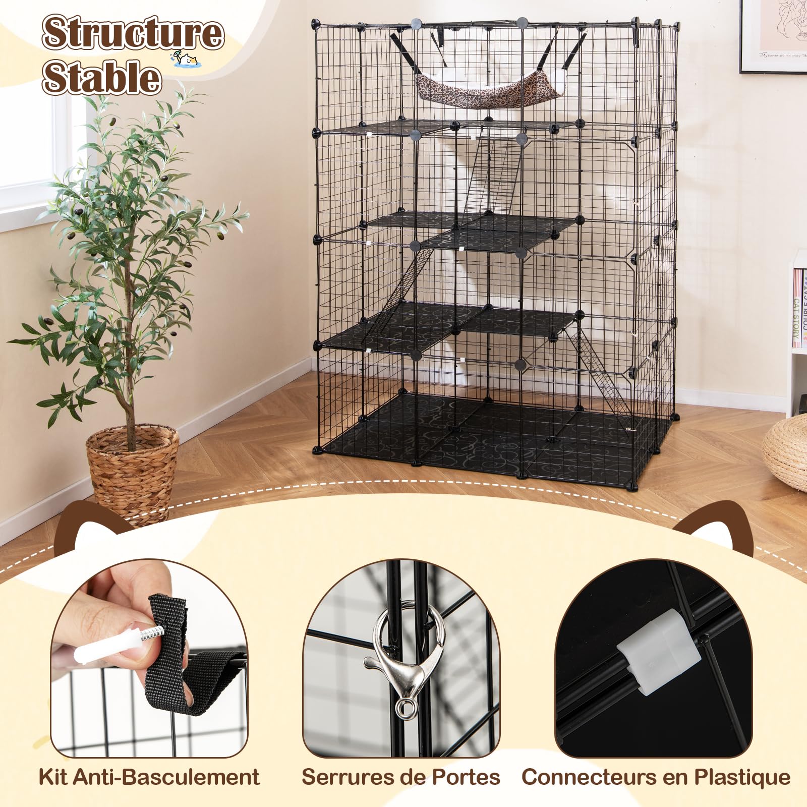 GOPLUS Cage pour Chat Chien, 4 Niveaux avec Hamac, Échelle, Fenêtre de Ciel, Grand Enclos pour Chats en Métal, Noir (109,5x74x142cm)