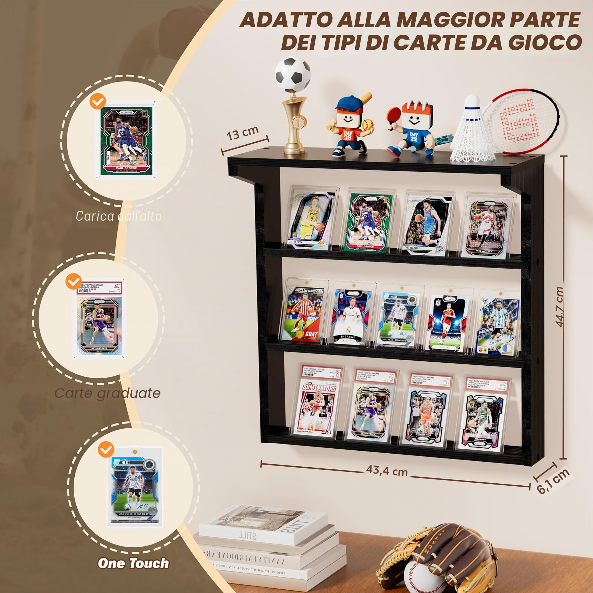 Portacard da Parete in Legno, 3 Livelli Espositore per Card Sportive e Collezionabili, Card Portacollezionabili per Appassionati di calcio e collezionisti (Nero)