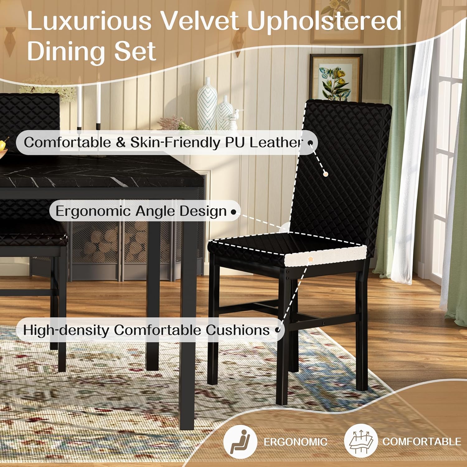 Recaceik Dining Table Set for 4, Kitchen Table and Chairs Set of 4 Modern Faux Marble Dinner Tabletop with Upholstered PU Leather Chairs for Apartment Small Space