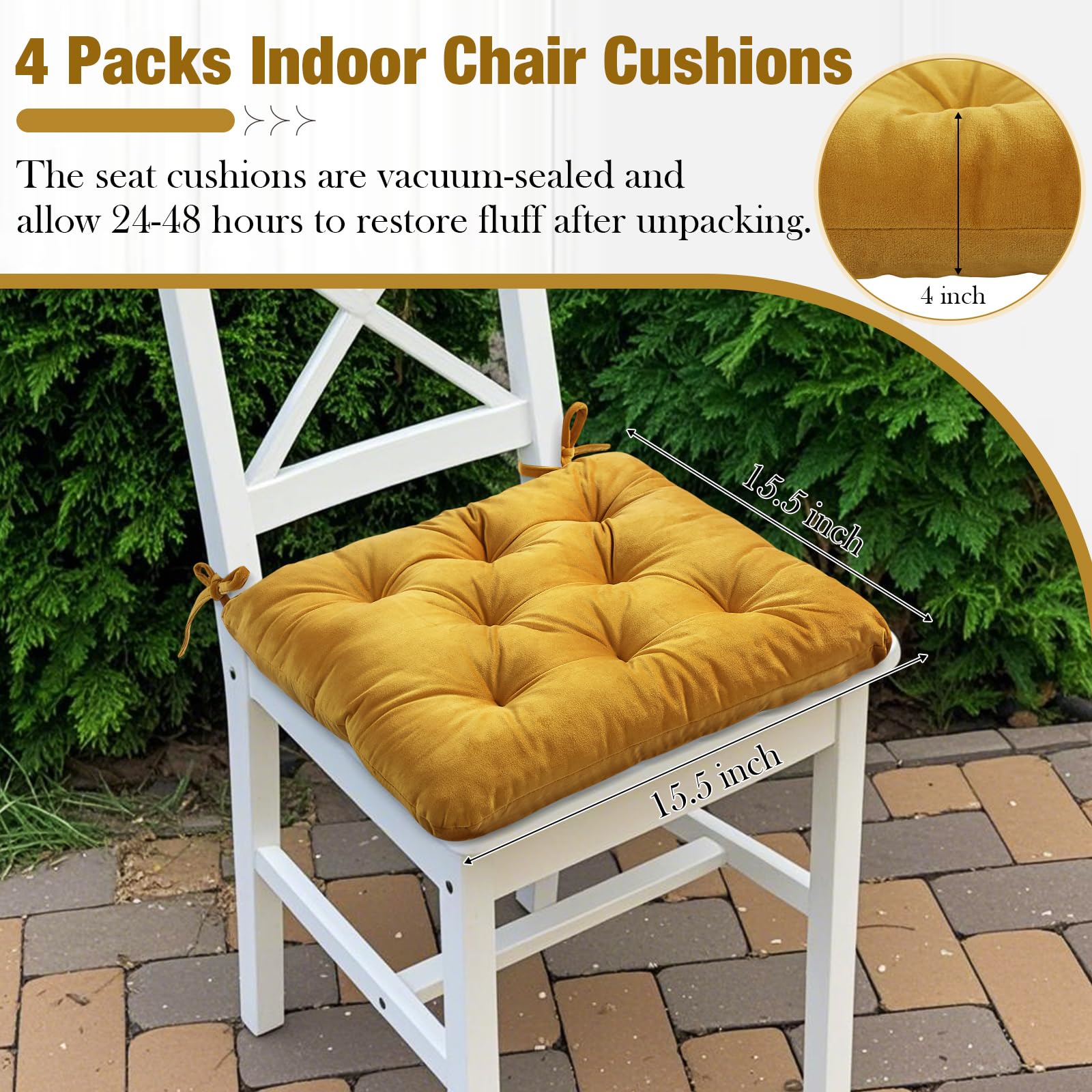 Nuanchu Memory Foam Chair Cushions Set of 4, Thick Indoor Seat Cushions for Dining Chairs Tufted Seat Pads for Kitchen, Dining Room, Office,(Turmeric Yellow,15.5