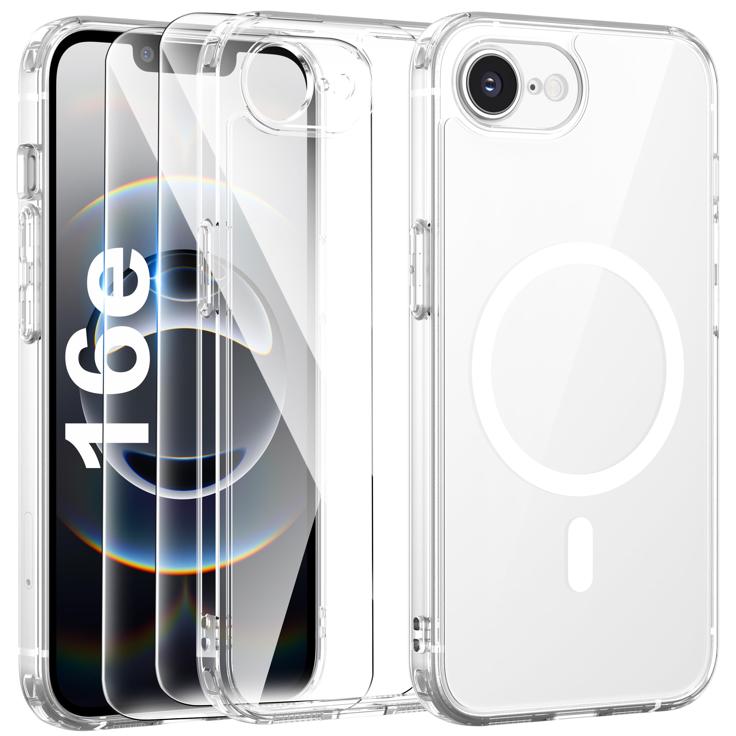 FLLAO Cover Magnetica per iPhone 16e Custodia e 2 Pellicole in Vetro Temperato, Cover iPhone 16e Compatibile con Magsafe, Traslucida Opaca Posteriore Sottile Antiurto Protettiva Case, Trasparente