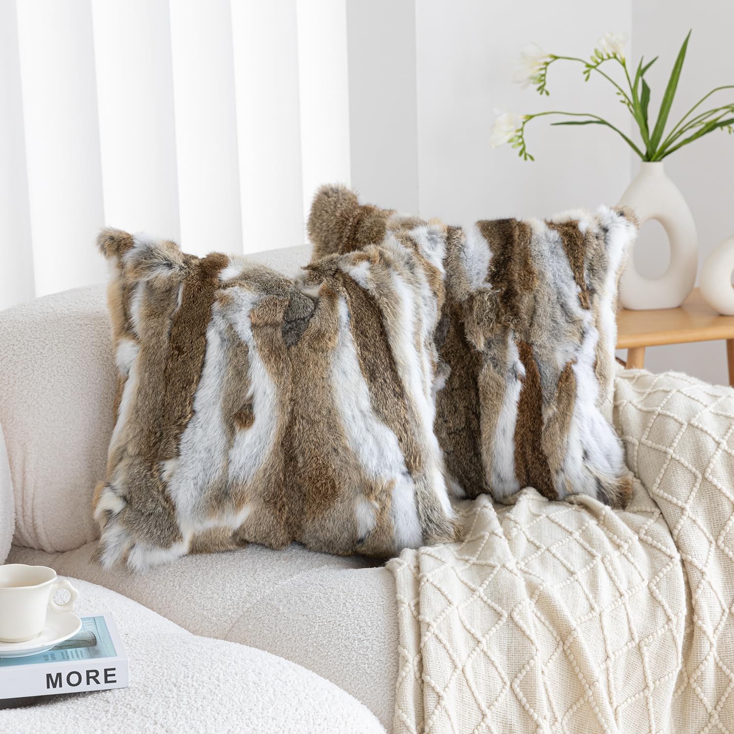 Genuine Rabbit Fur Throw Pillow Covers Set of 2, Luxury Decorative Pillowcases Soft Fluffy Animal Skin Accents Square Cushion Cover for Couch Sofa