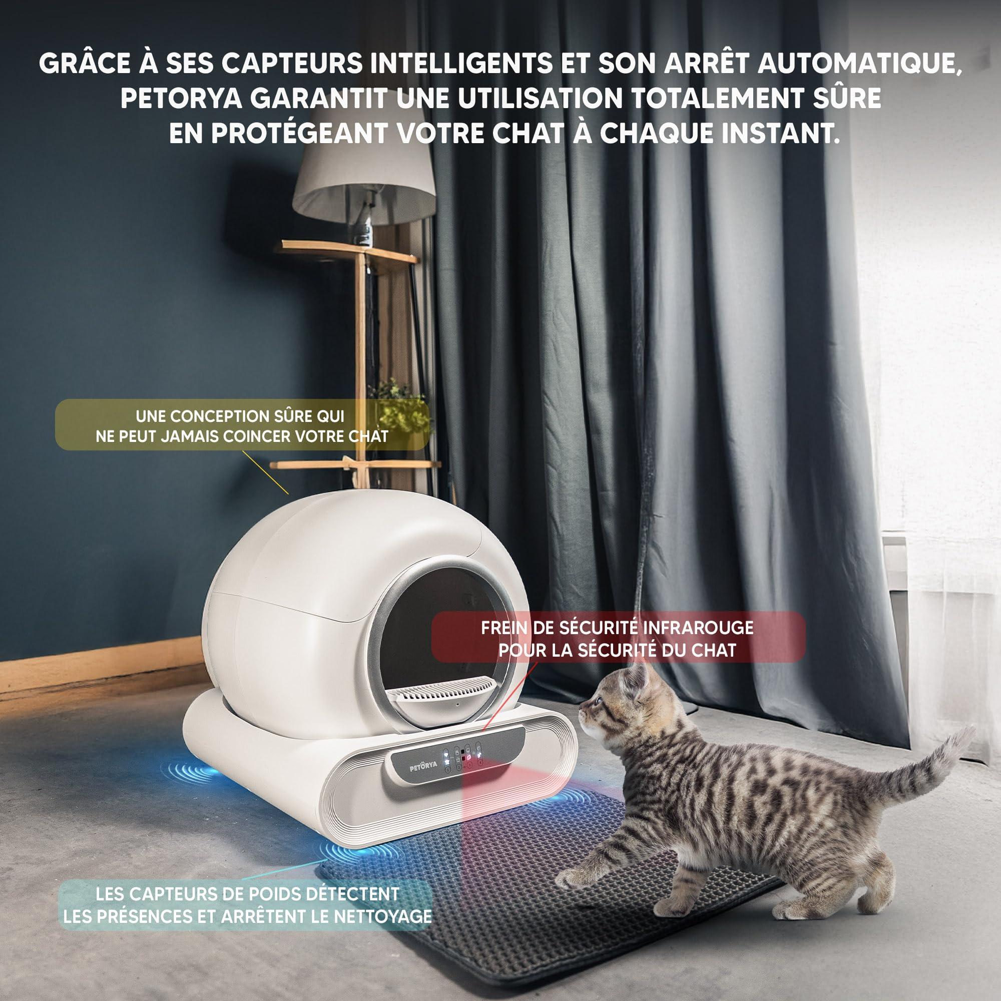 Litiere Chat Autonettoyante PETORYA, Bac à Litière Automatique, Anti-Fuites/Anti-Pincement/Anti-Odeur/Secure/Contrôle APP/Nettoyage Facile, Capacité XXL de 65L pour Plusieurs Chats