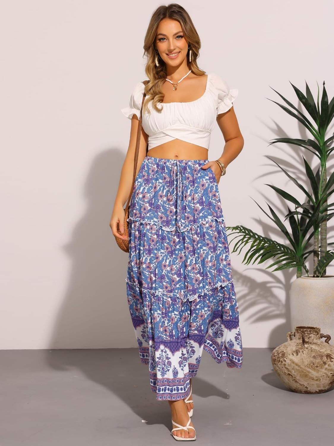 Allegra K Summer Boho Maxi Skirts for Women Floral Flowy Ruffle Tiered Long Skirts with Pockets - Image 4