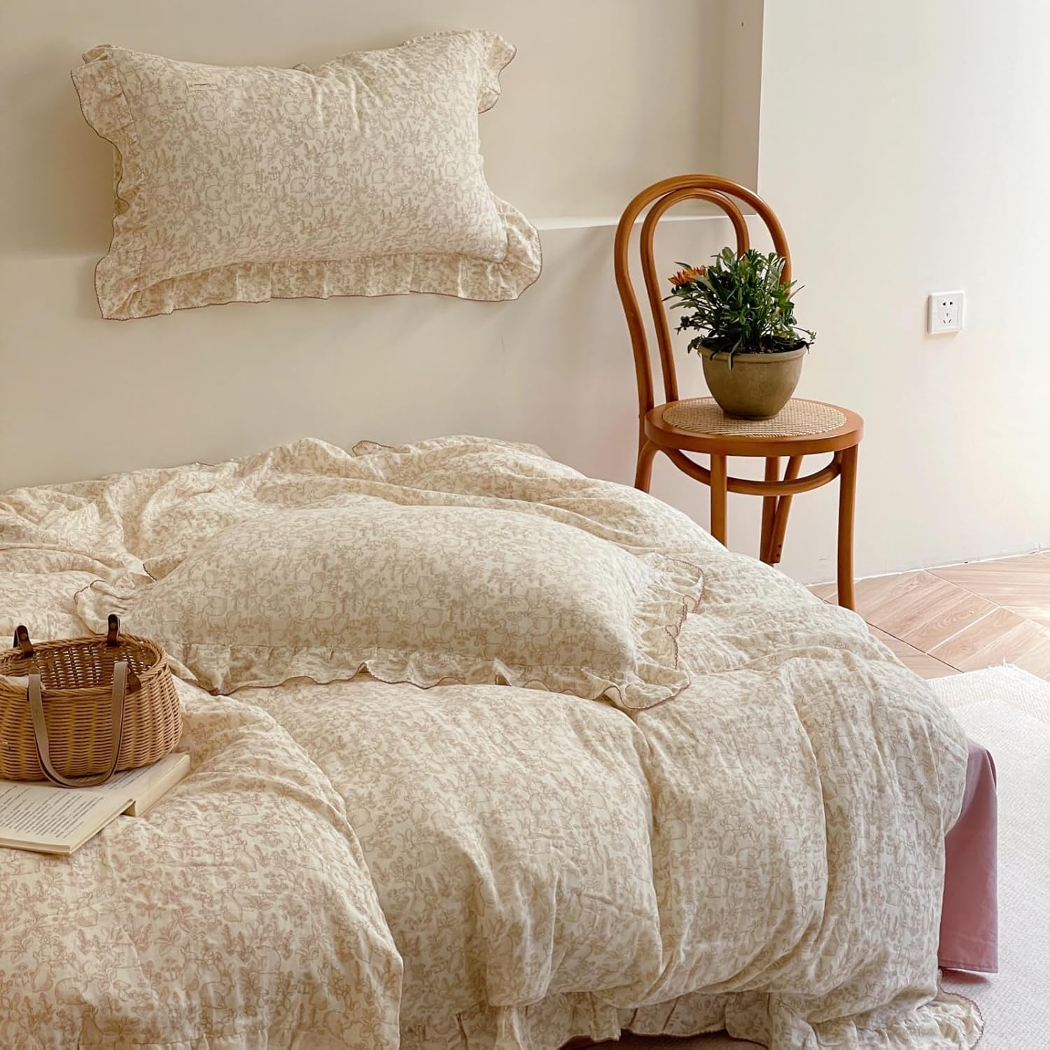 AOJIM Muslin Cotton Duvet Cover with Forest Themed Patterns, Pure Cotton Super Soft Comforter Cover 79X90'', Ruffled Edge Bedding Duvet Cover 2-Layer Gauze for Kids Adults, No Quilt or Pillowcases