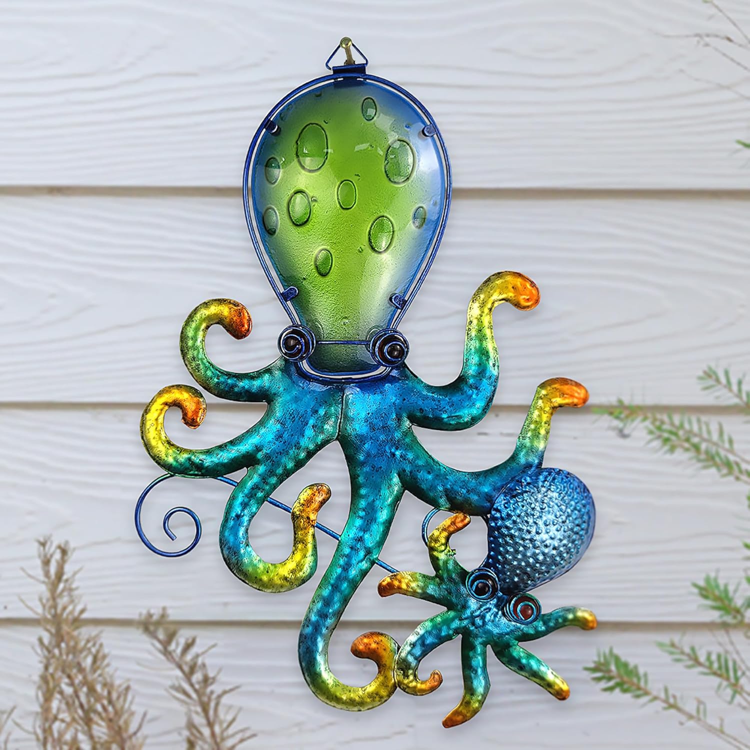 COOZZYHOUR Octopus Wall art Decor, Outdoor Indoor Metal & Glass Wall Sculptures, Ocean Theme Coastal Decorations for Living Room, Bedroom, Yard, Fence and Patio
