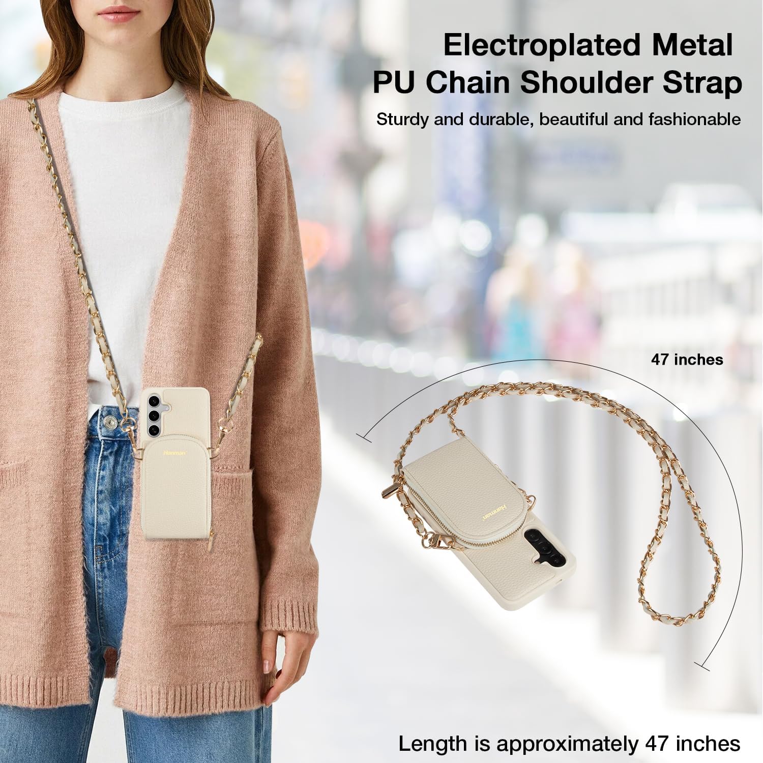 Hanman Crossbody Wallet Case for Galaxy S24, RFID Blocking PU Leather Zipper Handbag Purse Cover, Suitable for Galaxy S24, Leather Wallet Case for Woman & Girls - Beige