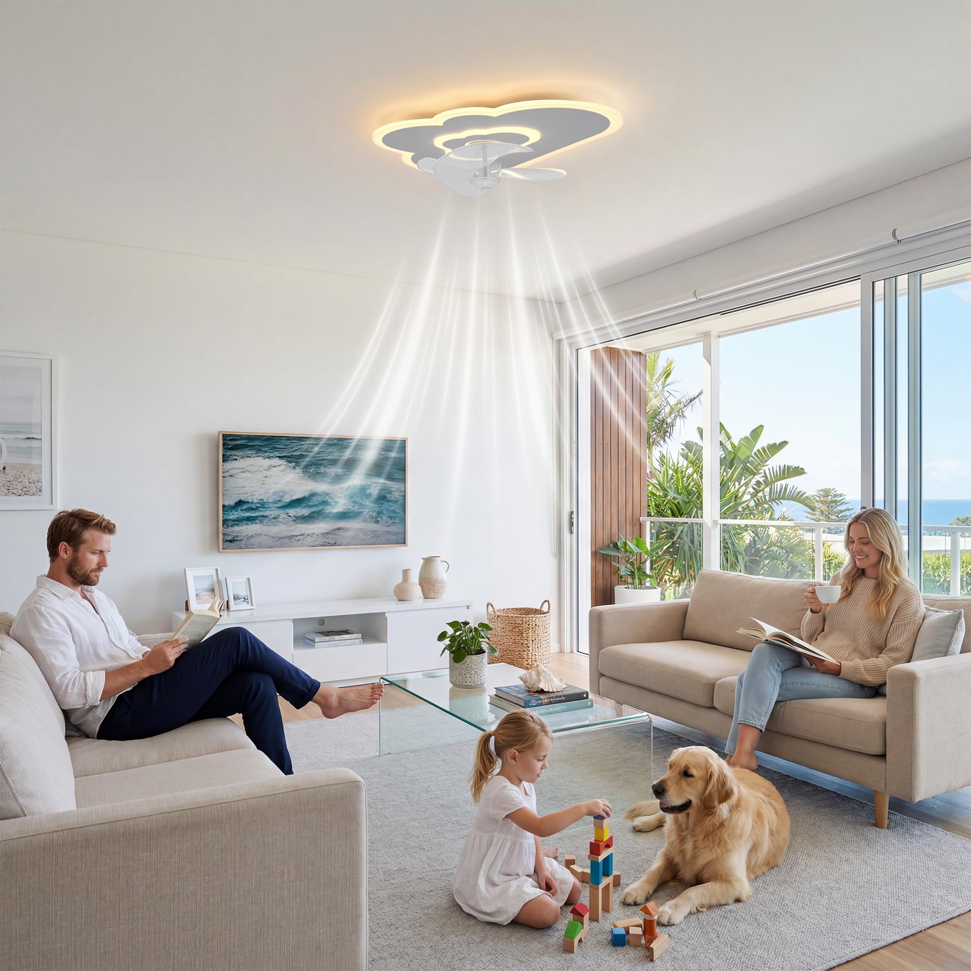 Deckenventilator Mit Beleuchtung LED Wolke Deckenleuchte mit Ventilator 6 Geschwindigkeiten,Fernbedienung Leise Dimmbar Ventilator Deckenlampe für Schlafzimmer Kinderzimmer 50W 50CM