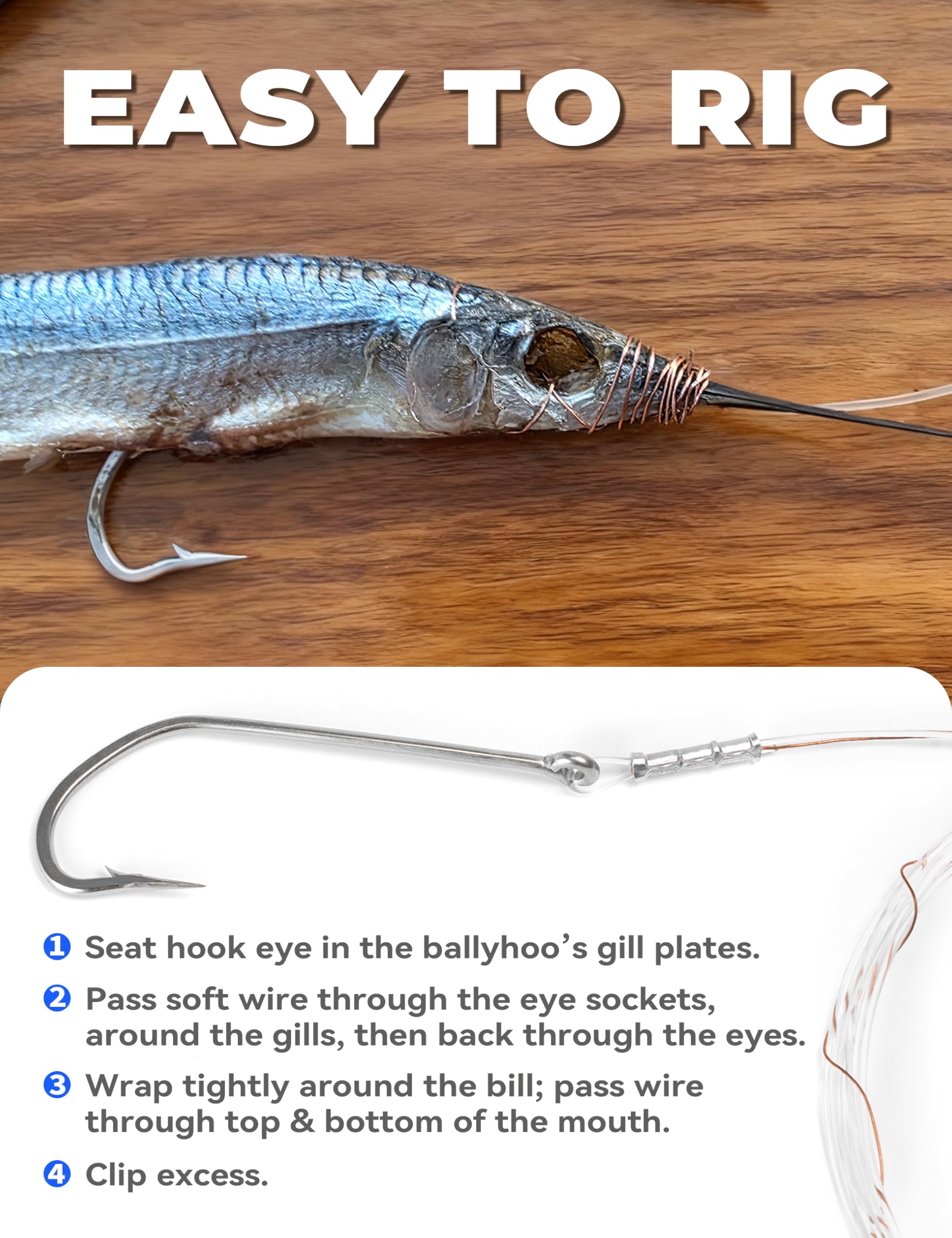 BLUEWING Ballyhoo Rig aus weichem Draht, mit 3,6 m, 45,4 kg, 59 kg, 68 kg, 90,7 kg, Mono-/Fluorkohlenstoffvorfach und O'Shaughnessy-Haken, Ballyhoo Schleppvorfach, Salzwasser-Angelköder