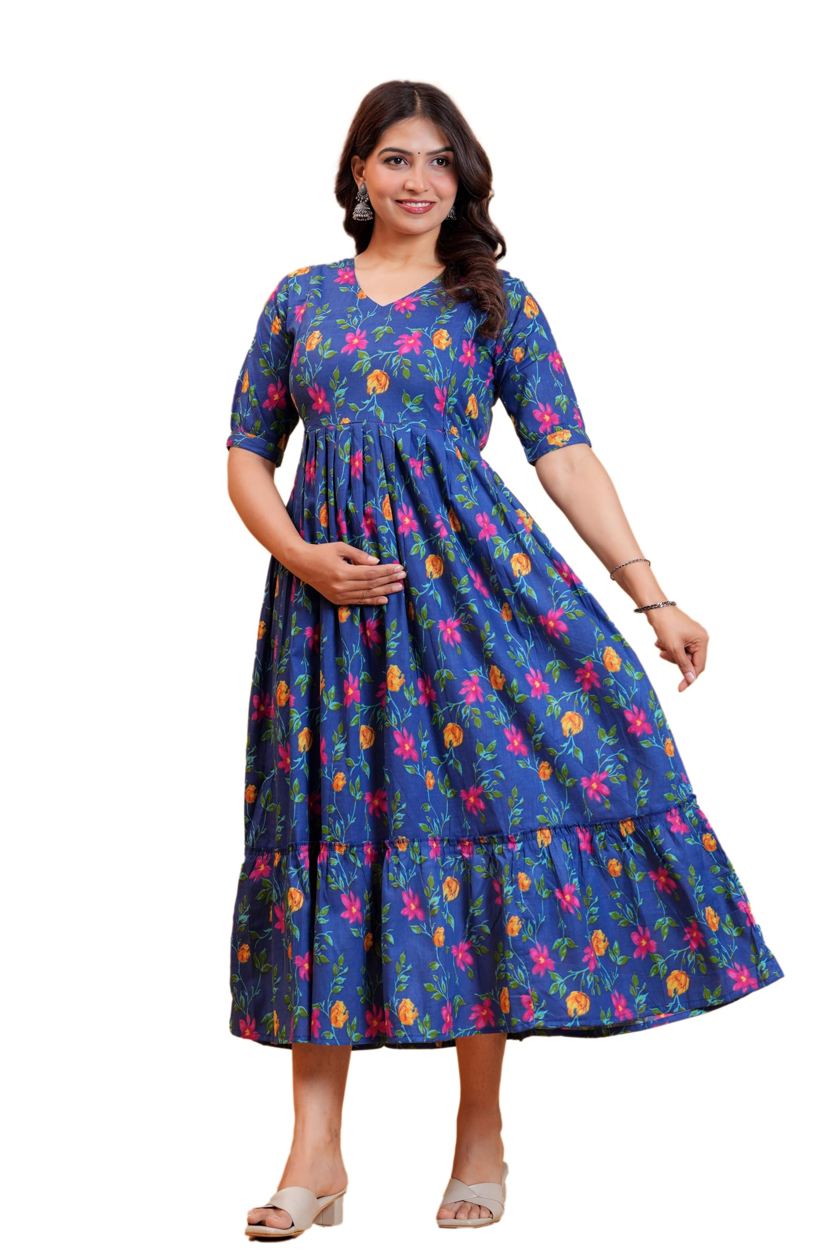 Maternity Feeding Gown, Floral Print, Cotton, V-Neck, Half Sleeve, Tiered Midi Kurta-image-41