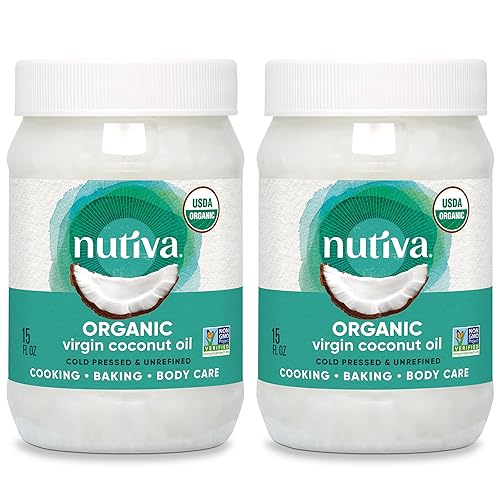 Nutiva - Aceite de coco orgánico virgen, prensado en frío, sin refinar, de cocos frescos, no transgénicos, cultivados de forma sostenible, 15 fl oz