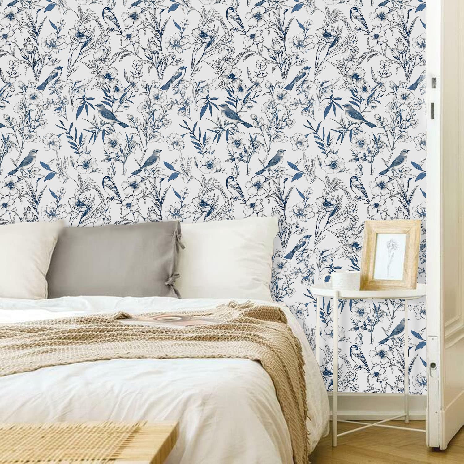 LwenSnow Blue/Orange Floral Peel And Stick Wallpaper – Boho Vintage Removable Vinyl, 17.7" X 118" Roll For Bedroom, Living Room, Cabinets, DIY Renter-Friendly Decor