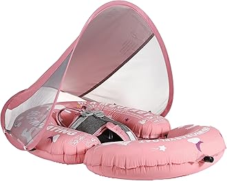 Mambobaby Float Baby Pool Float with Canopy & Tail Portable Baby Float Self-Inflating Compressible Folding Swimming Floating Bed Water Swim Float for Infant Toddler 3-24 Momths, Pink