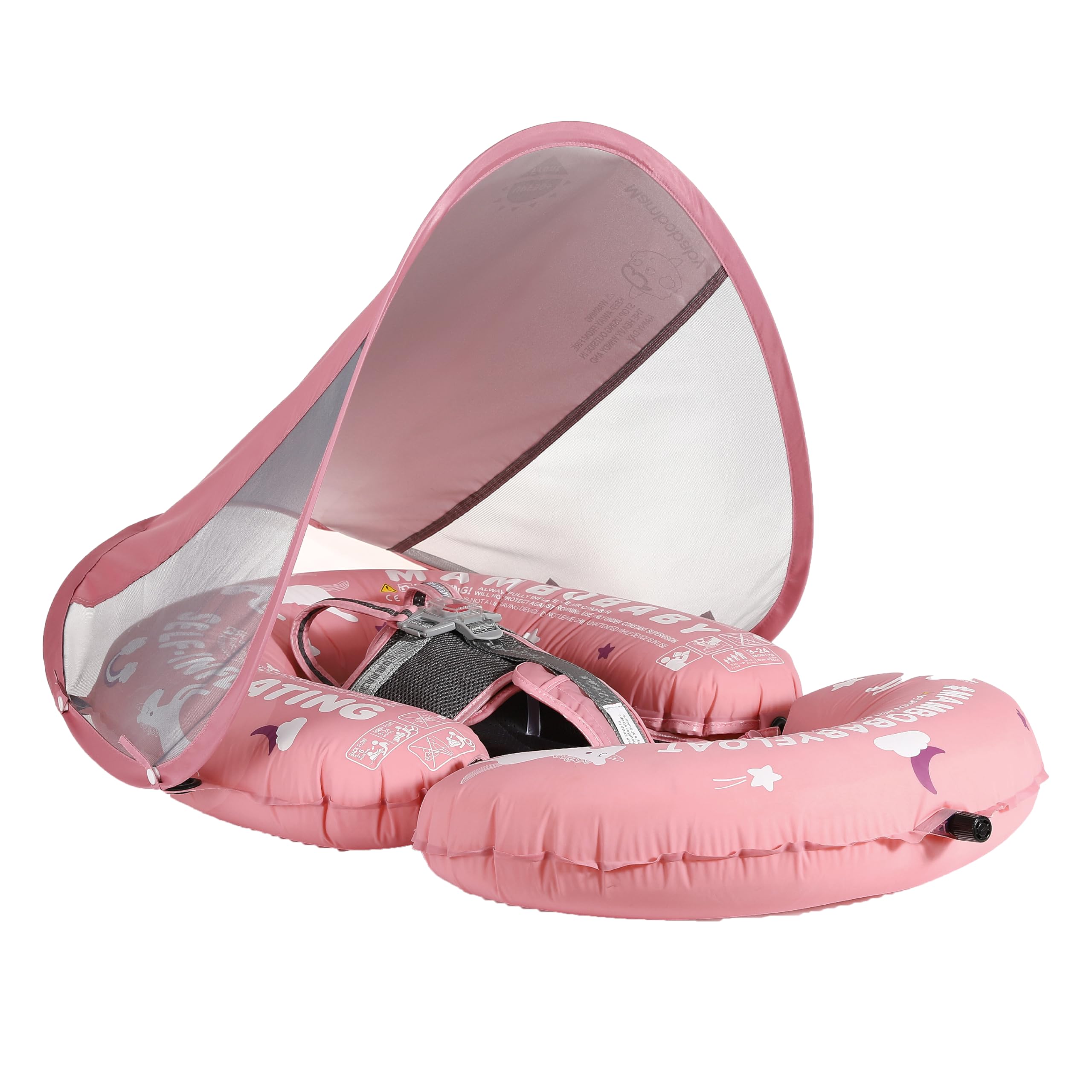Mambobaby Float Baby Pool Float with Canopy & Tail Portable Baby Float Self-Inflating Compressible Folding Swimming Floating Bed Water Swim Float for Infant Toddler 3-24 Momths, Pink