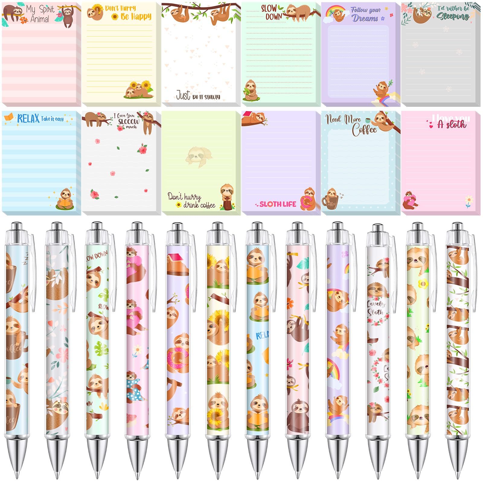 24 Pcs Sloth Sticky Notes with Pens Sloth Themed Gifts Women Party Favors Cute Notepad Memo Notes Pads Black Ink Ballpoint Pen for Animal Lover