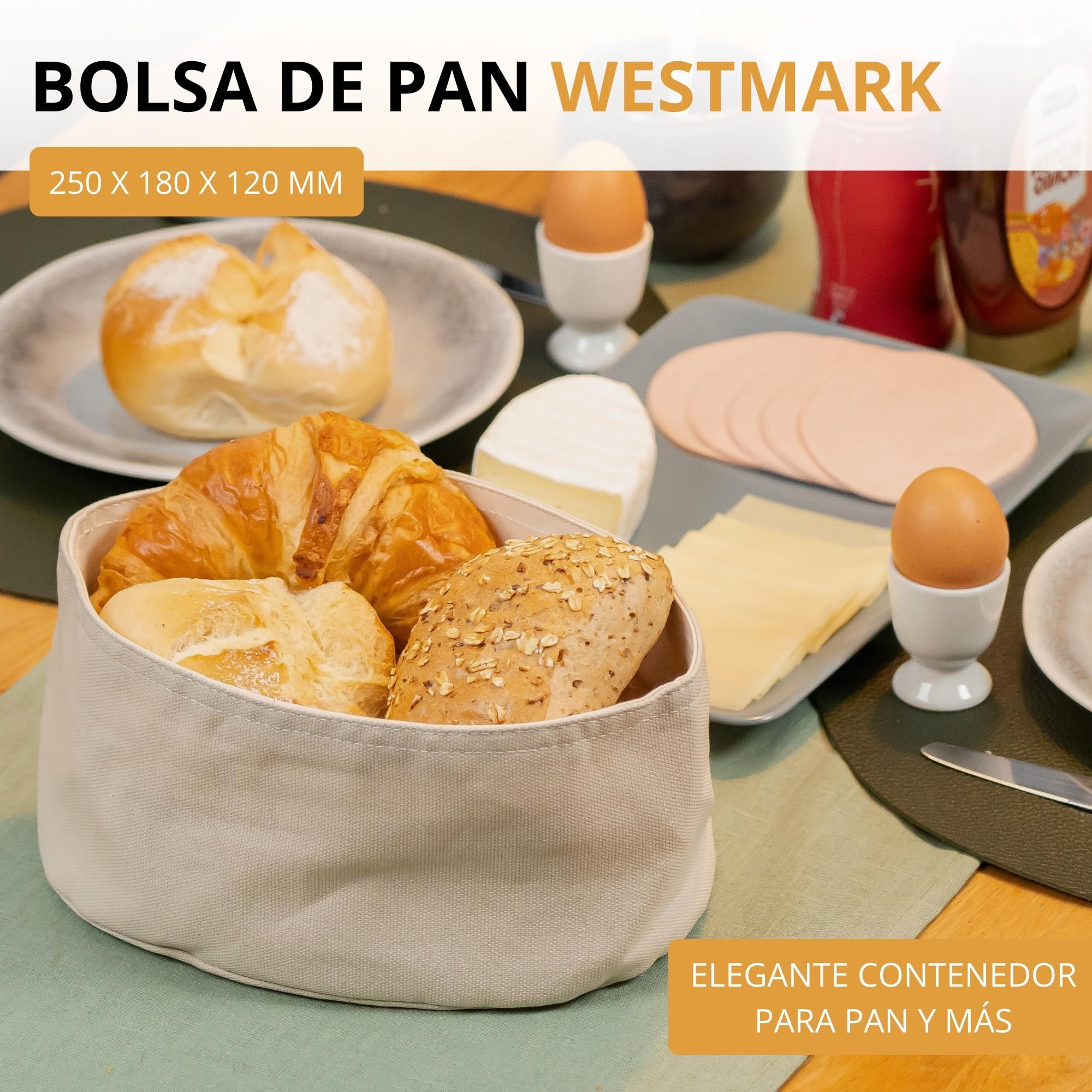 Westmark Bolsa de pan ovalada – Cesta de pan de tela para pan, bollos, bollería y fruta – Panera moderna de algodón – Beige claro/Beige, 25 x 18 cm