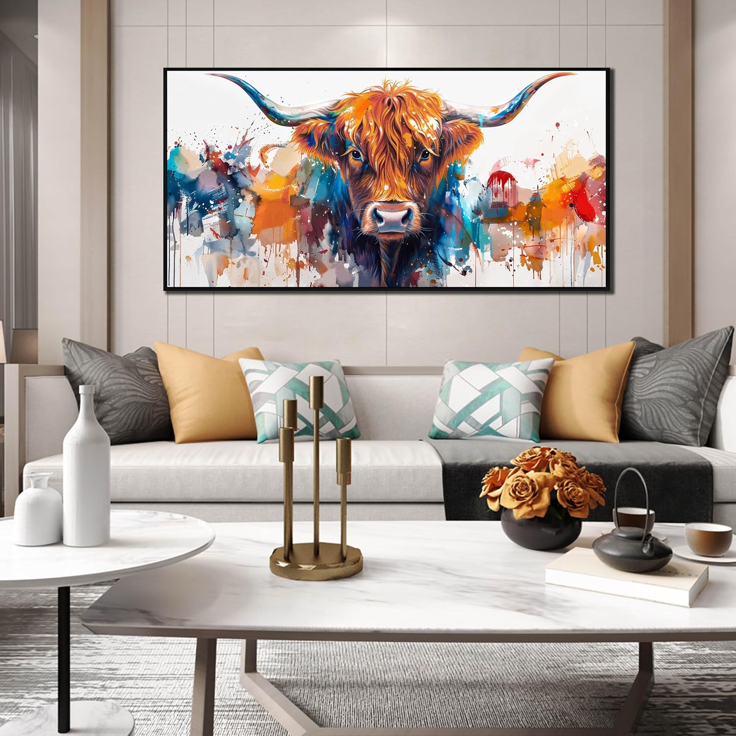 ZHAOSHOP Highland Cow Pictures Wall Decor for Living Room - Graffiti Wall Art for Office - Framed Canvas Wall Art for Bedroom Size 29" x 59"