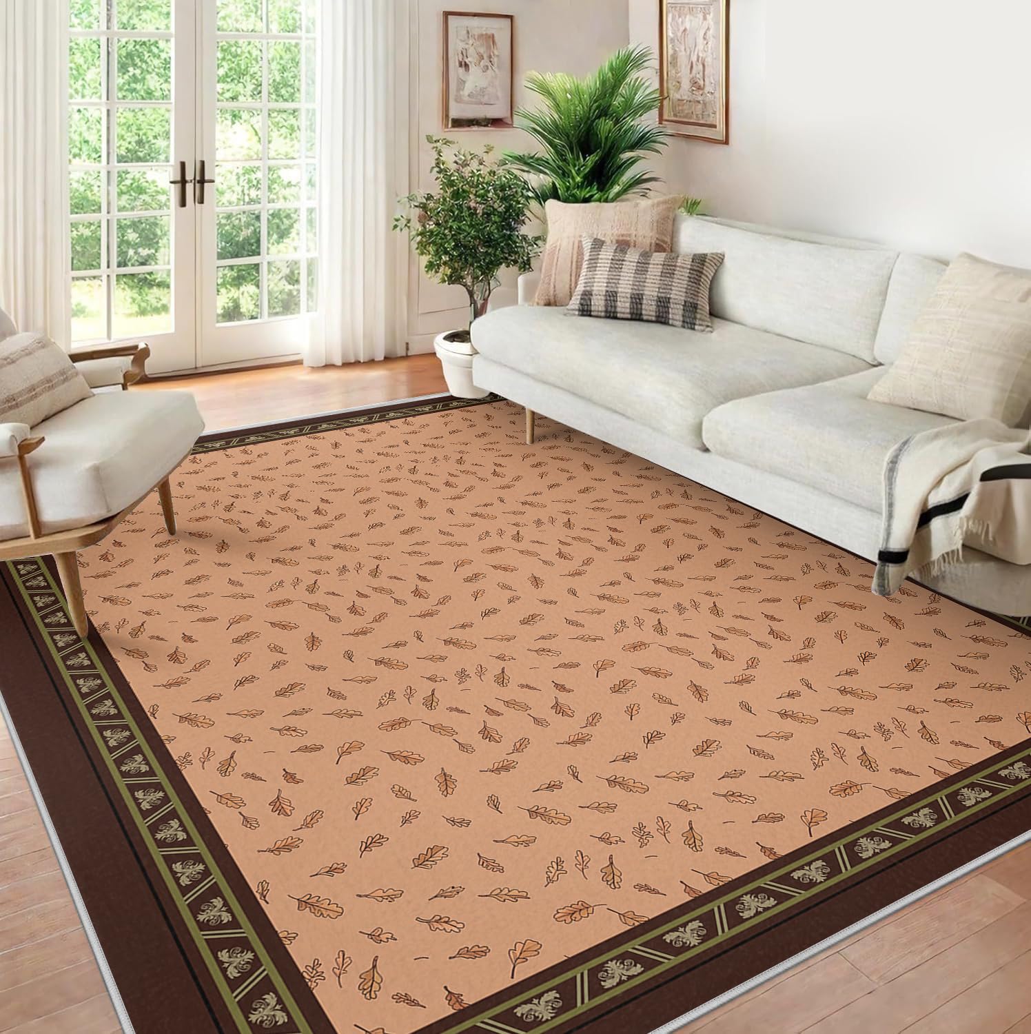 Beżowe dywany do salonu: można prać w pralce antypoślizgowe z wzorem rzuconych liści i ciemnym dywanikiem do jadalni i kuchni 120 x 180 cm