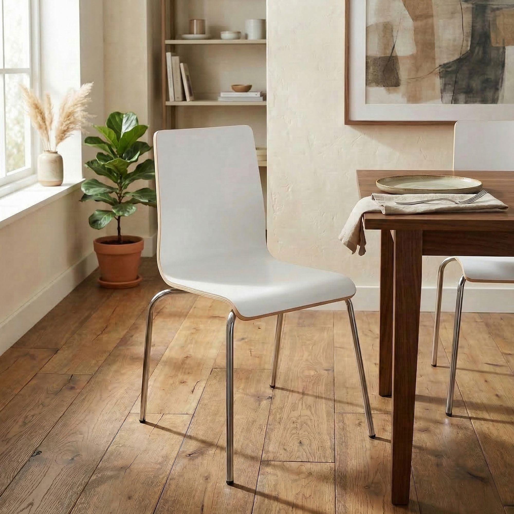 CLP Silla apilable Gahanna de Madera Moldeada con Laminado HPL, Estructura de Acero Cromado, Carga hasta 150 kg, Comedor y Oficina, Color:Blanco