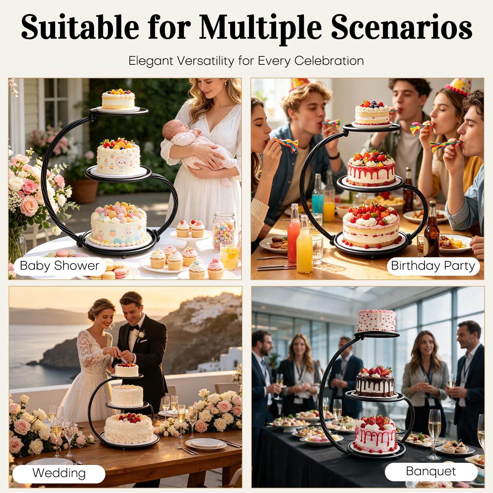 Présentoir à gâteaux vintage à 3 étages en fer noir pour mariage, anniversaire, fête prénuptiale et goûter l'après-midi