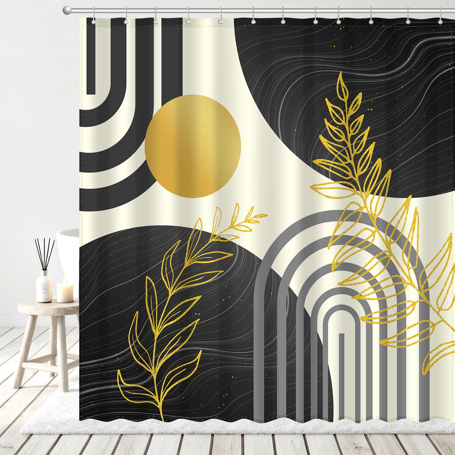 Boho Mid Century Shower Curtain, Modern Minimalist Sun Abstract Plant Gold Leaves Aesthetic Bathroom Decor, Polyester Cloth Fabric Bath Curtain with 12 Hooks (Gray, 72" W x 72" L) Grey 72"W x 72"L (Pack of 1)