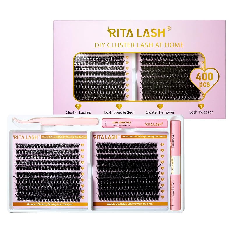 Kit RITALASH para Cílios em Cluster com Bond e Seal, Removedor e Aplicador, 400 Unidades, 8–16 mm, 50D+80D