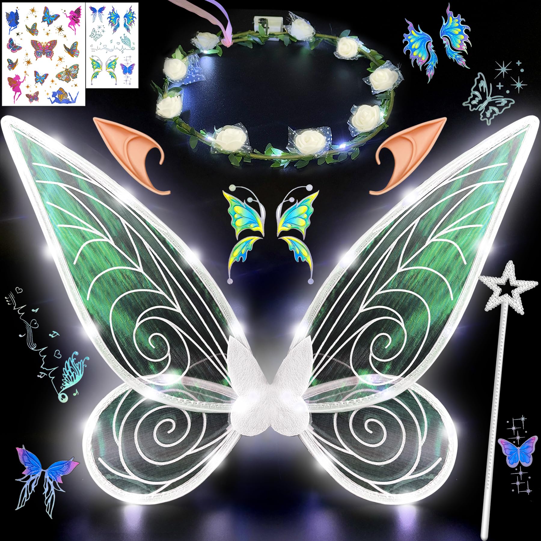 Costume Fée Pour Filles - Ailes Papillon, Guirlande Fleurs, Baguette - Pour Halloween Et Carnaval