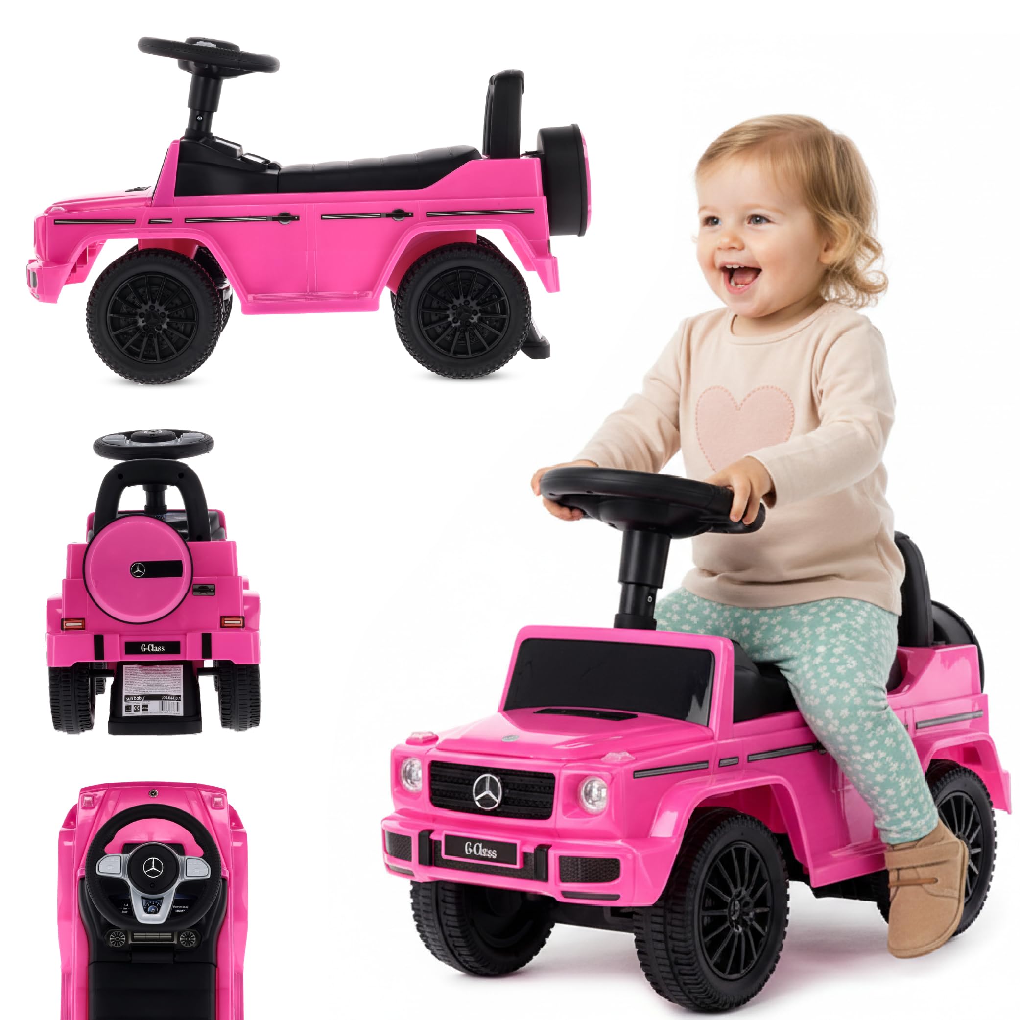 sun baby Coche de Empuje Mercedes Benz G, Coche para Niños a Partir de 1 año, Volante con Sonido, guantera, Rueda de Repuesto Falsa (Rosa)