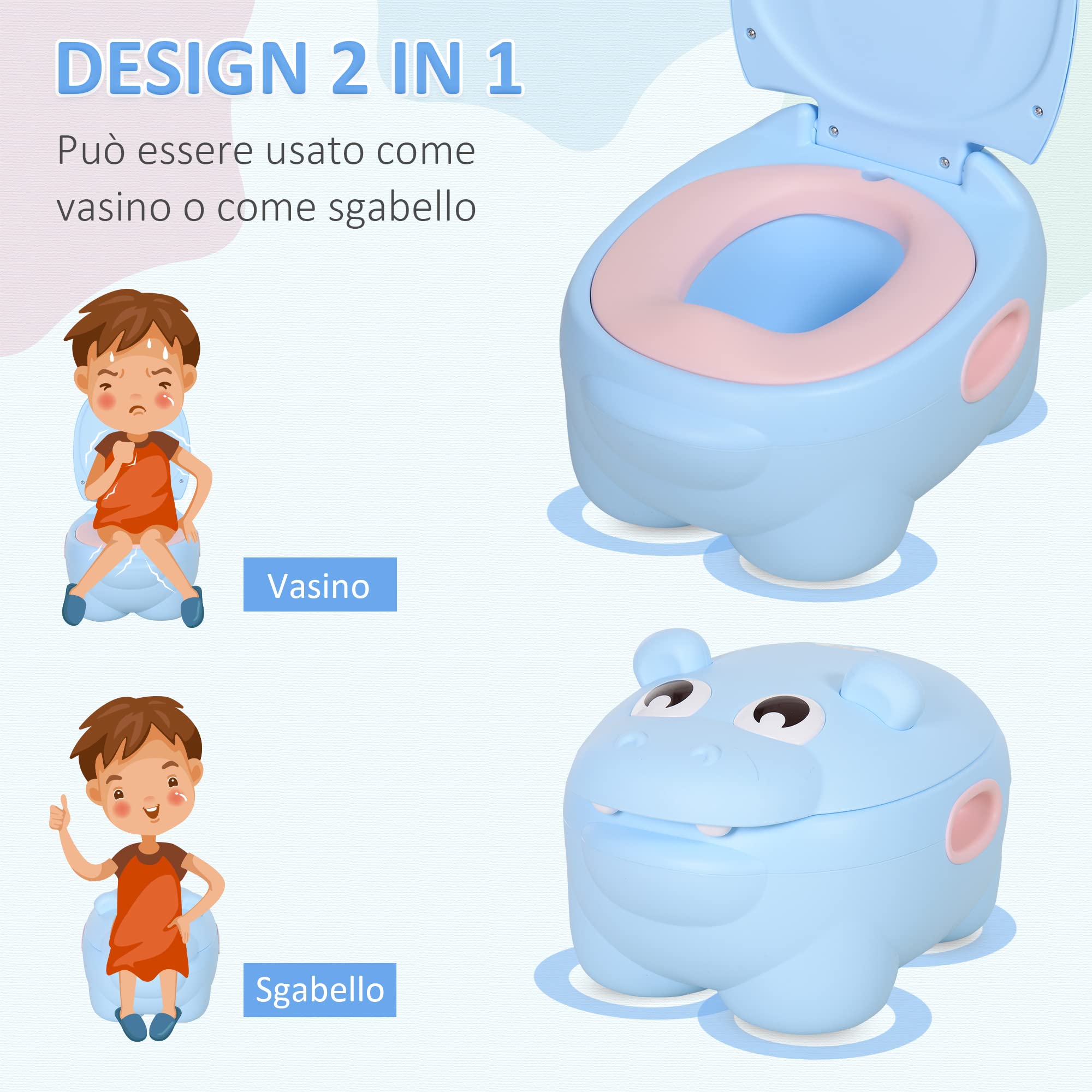 HOMCOM Vasino per Bambini 6 Mesi-48 Mesi Antiscivolo Ippopotamo Blu (40x30x23cm)