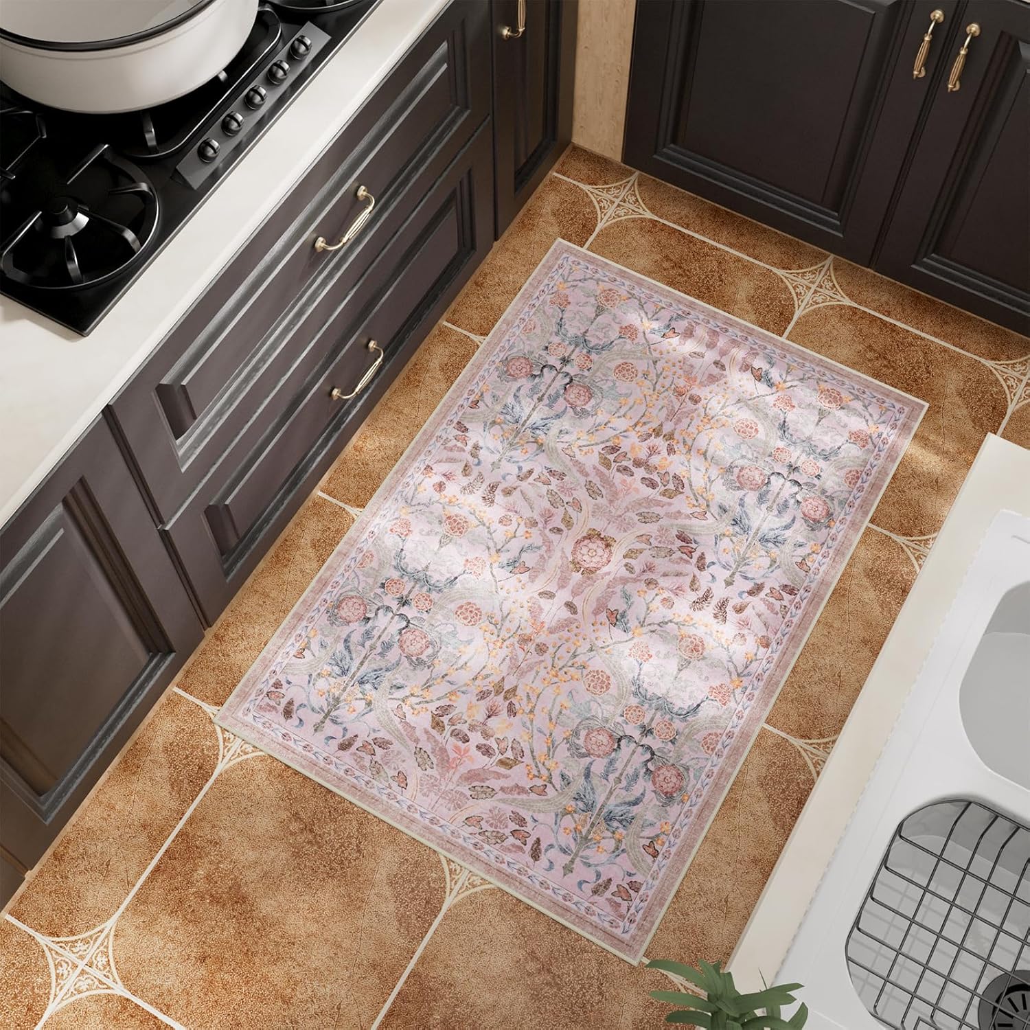 AMTOVO 2x3 Washable Entryway Area Rug Door Mat, Vintage Boho Floral Distressed Print Non-Slip Carpet, Small Throw Rug for Indoor Entrance Kitchen Bedroom Bathroom Laundry Floor, Pink - Image 5