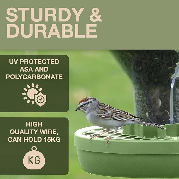 SWISSINNO Mangiatoia per Uccellini da Esterno - "Davos" SMART BIRDS - Casetta Cibo Uccelli Selvatici - 2 Scomparti Antispreco - A Prova di Topi e Ratti - Resistente - da Appendere - Salvia - 4