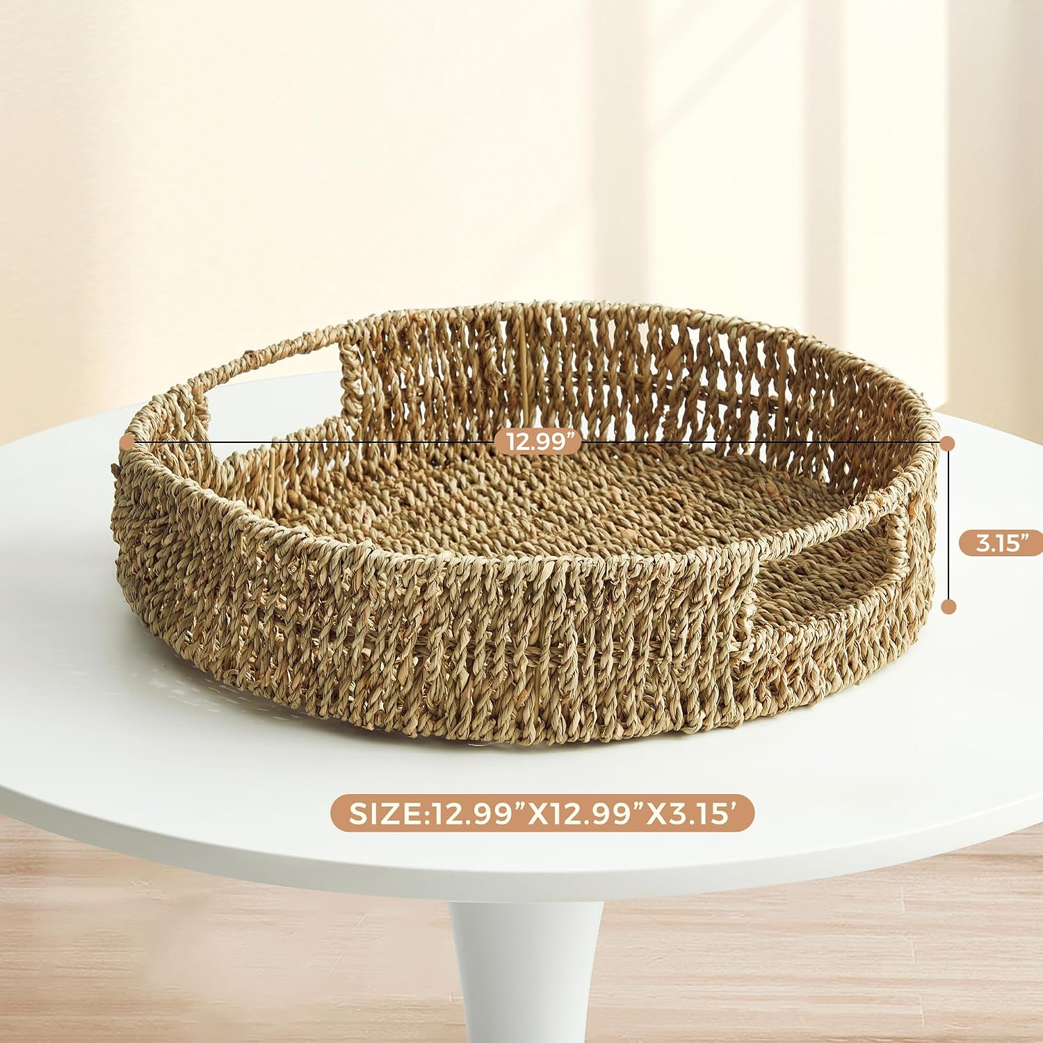 JS HANGER Round Woven Seagrass Wicker Serving Tray - 13inch Coffee Table Ottoman Tray with Handles, Decorative Storage Basket for Home & Kitchen