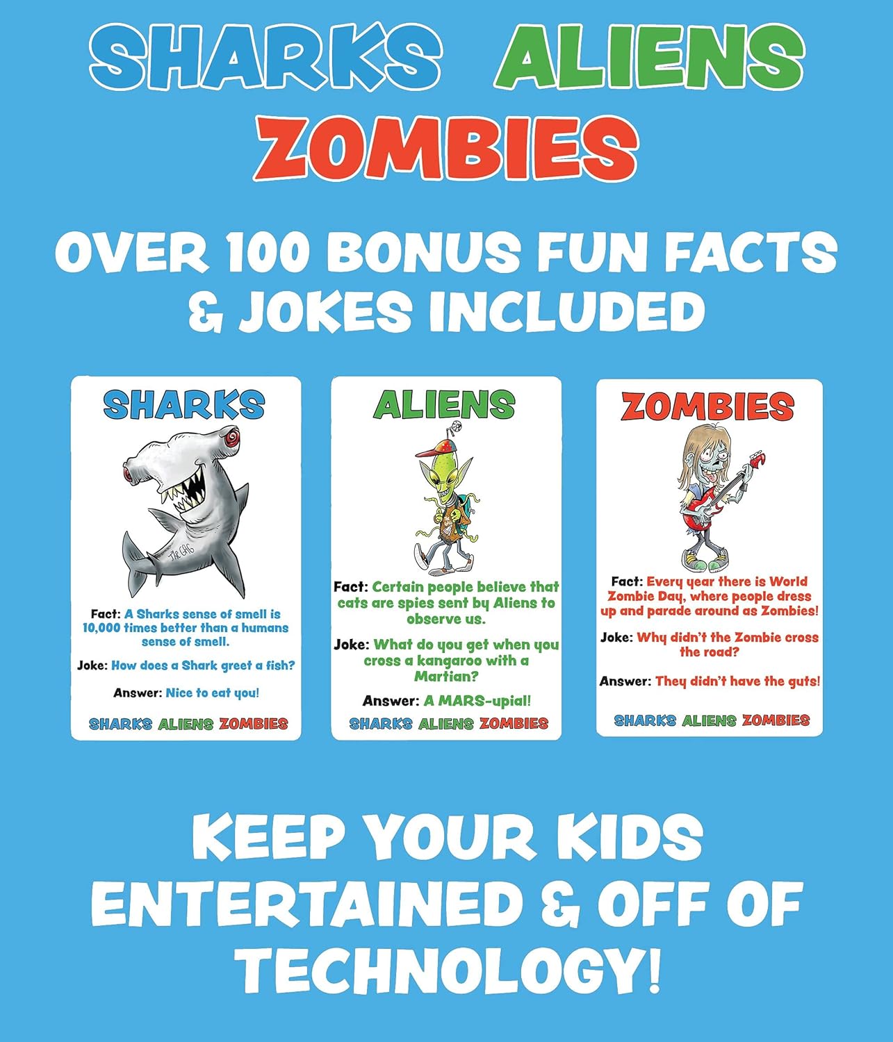 Sharks Aliens Zombies: Fun Card Game for Kids Played Like Rock Paper Scissors War for Family Game Night Gift Giving Stocking Stuffer