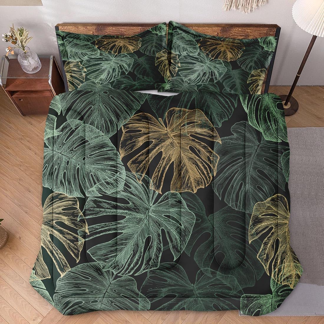 Full Size Comforter Set with 2 Pillowcases, Green Tropical Leaves 3 Pcs Bedding for Kids and Adults, Monstera Palm Leaf Soft Comforter Set for Bedroom Bed Decor - Image 2