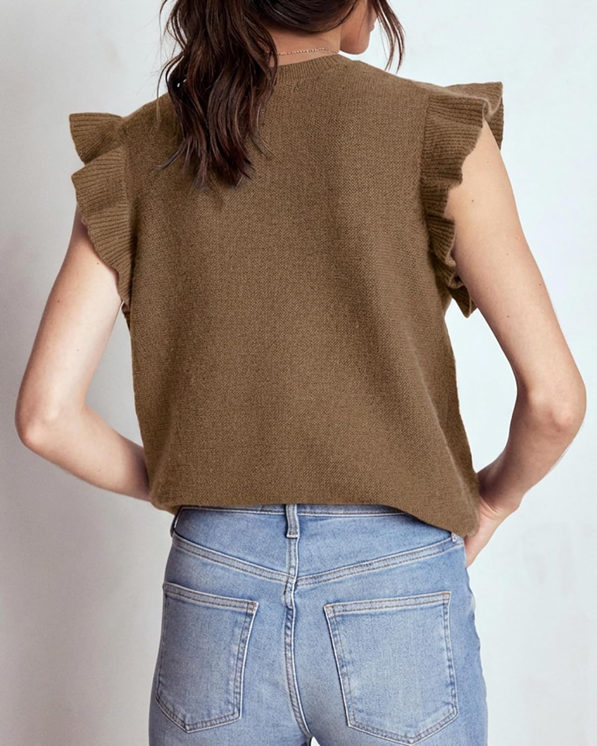 Womens Trendy Ruffle Sleeve Sweater Vests Casual Button Down Crewneck Knit Frill Waistcoats - Image 3