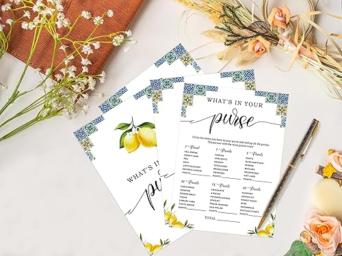 Miniatura 3 de Juego de azulejos azules y limones Qué hay en tu monedero Para 30 invitados con tarjetas de juego, juego de limones para despedida de soltera,