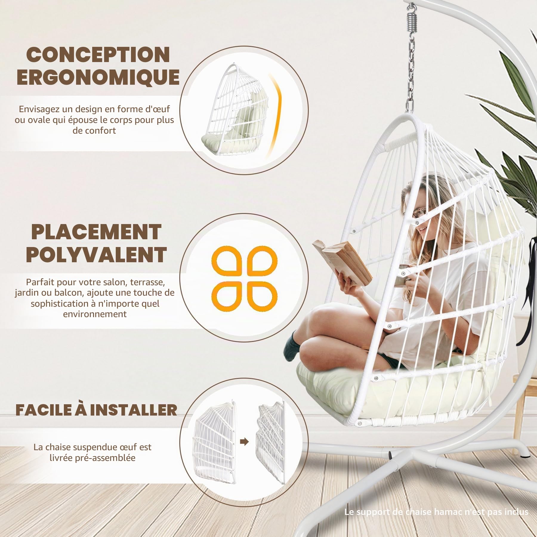 Chaise Oeuf Chaise Pliable en Osier rotin Suspendue Chaise balançoire Intérieur extérieur Patio Chaise en Osier Hamac avec kit de Suspension en Acier Inoxydable Coussin résistant aux UV