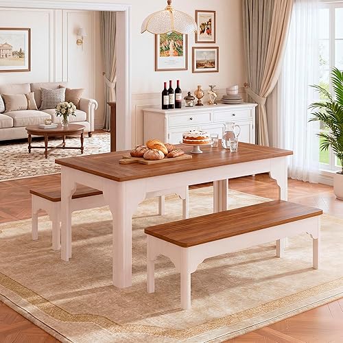 Miniatura 8 de Juego de mesa de comedor de granja de 63 pulgadas para 4-6, mesa de cocina con 2 bancos, juego de mesa de comedor rectangular de madera de 3 piezas