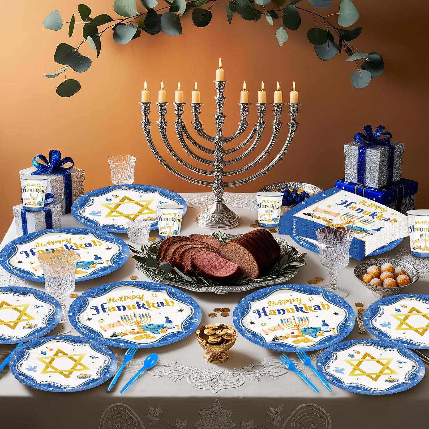 168pcs Hanukkah Party Supplies Plates Napkins Disposable Paper Cups Tableware Set for Jewish Hanukkah Party Decorations Serve 24