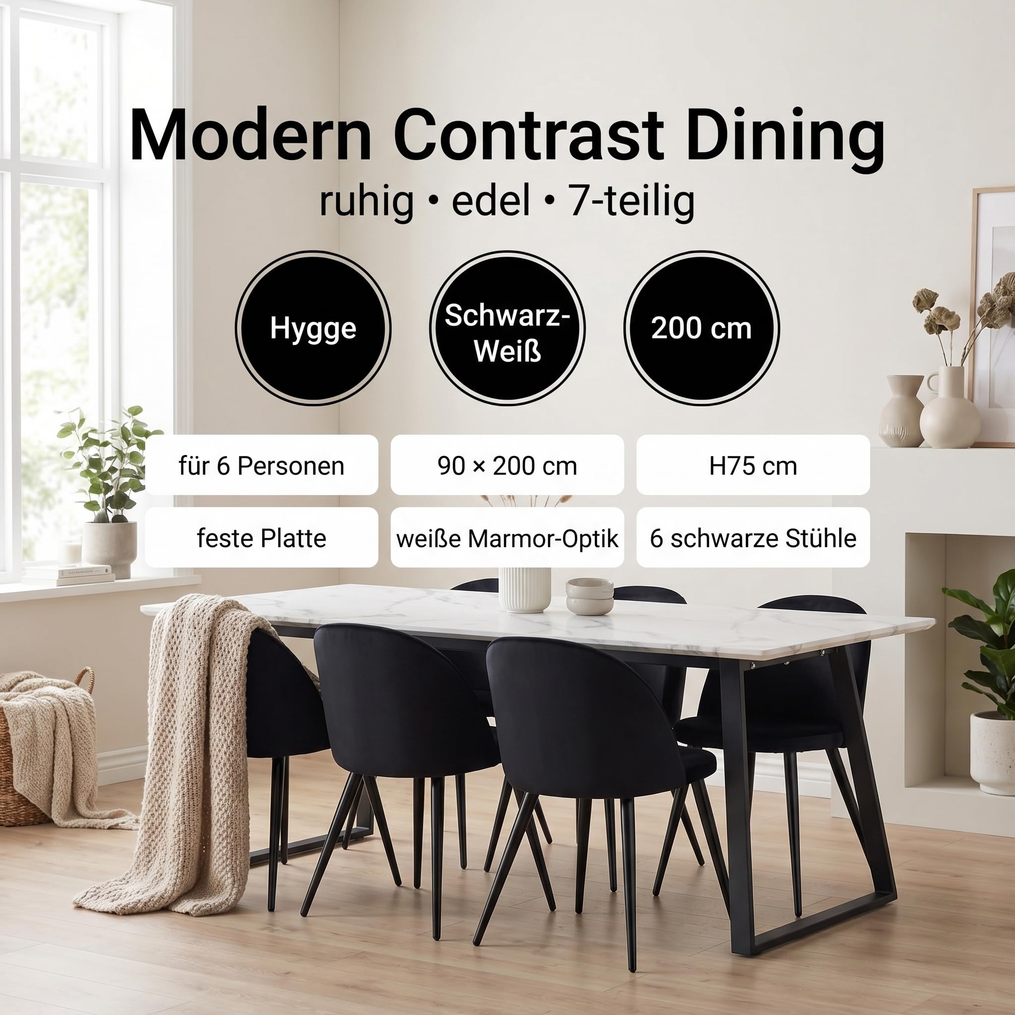 Essgruppe mit 6 Stühlen - Malaga Esstisch 90x200 cm Weiß mit 6 Skagen Stühlen Schwarz Velours skandinavisch Esszimmerset Tischgruppe 6 Personen Skandi Design Essbereich