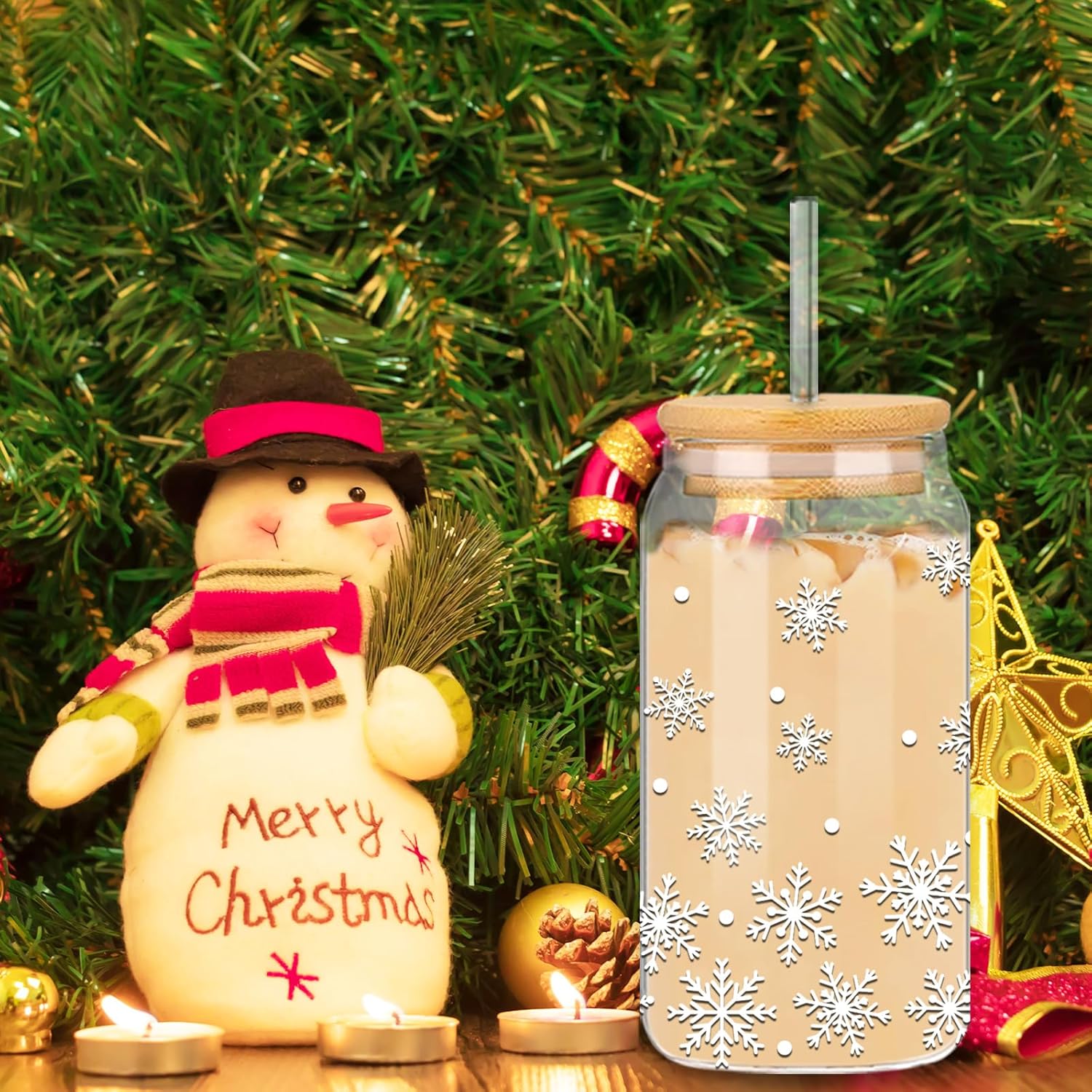 Whaline 2 Pack Winter Drinking Glasses 16oz White Snowflake Glass Cup Xmas Iced Coffee Cup with Bamboo Lids Glass Straw Cleaning Brush for Cocktails Whiskey Beer Soda Gifts - Image 7