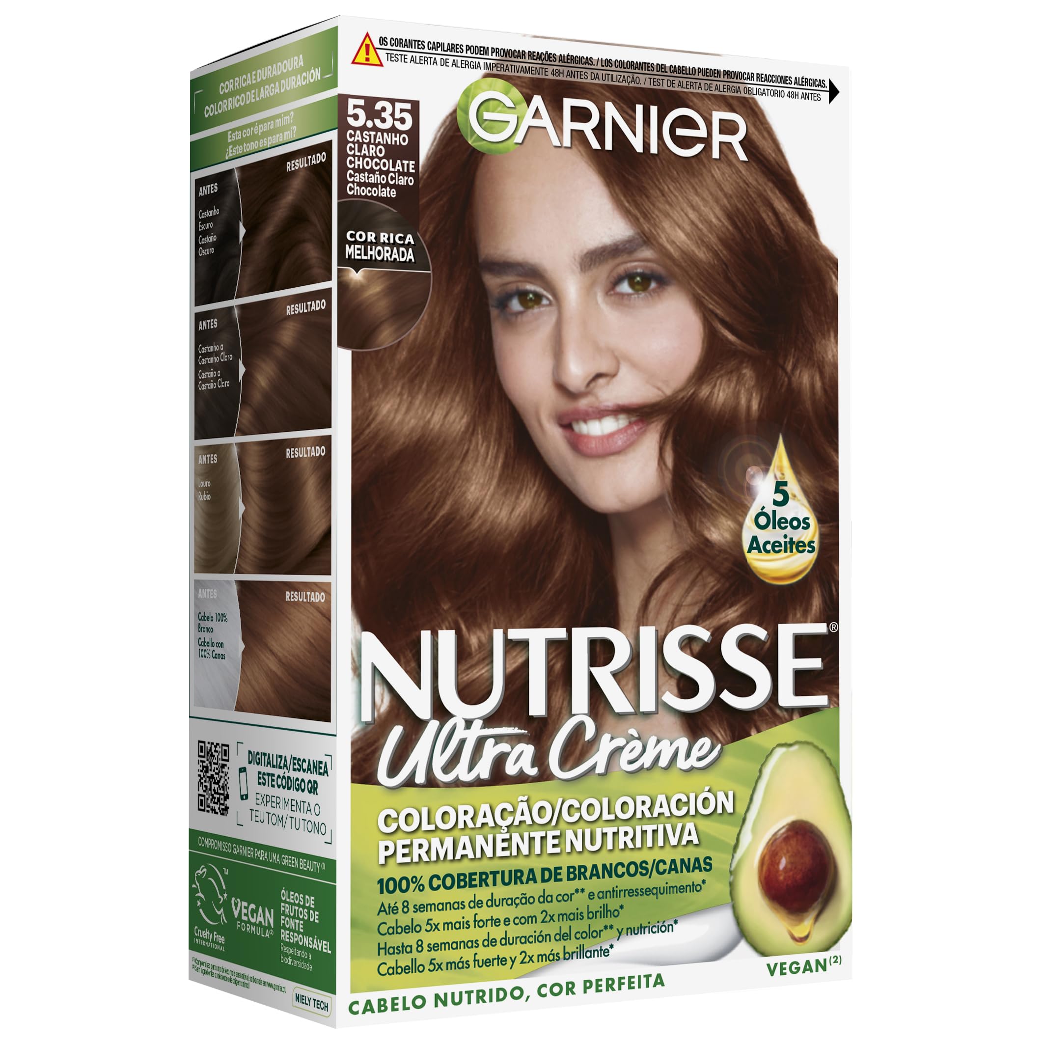 NUTRISSE Creme Coloración Nutritiva Permanente, Tinte 100 por ciento Cobertura de Canas con Mascarilla Nutritiva de 4 Aceites, Color Chocolate 5.35, 1 Unidad (Paquete de 1)