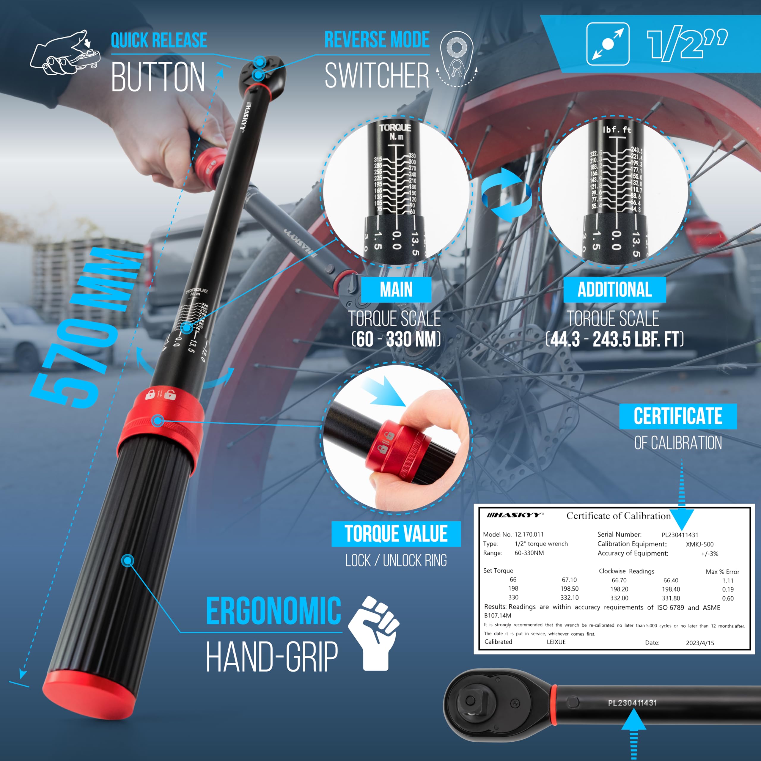 HASKYY Chiave dinamometrica 1/2" 60-330Nm Chiave dinamometrica automobilistica industriale Chiave a cricchetto