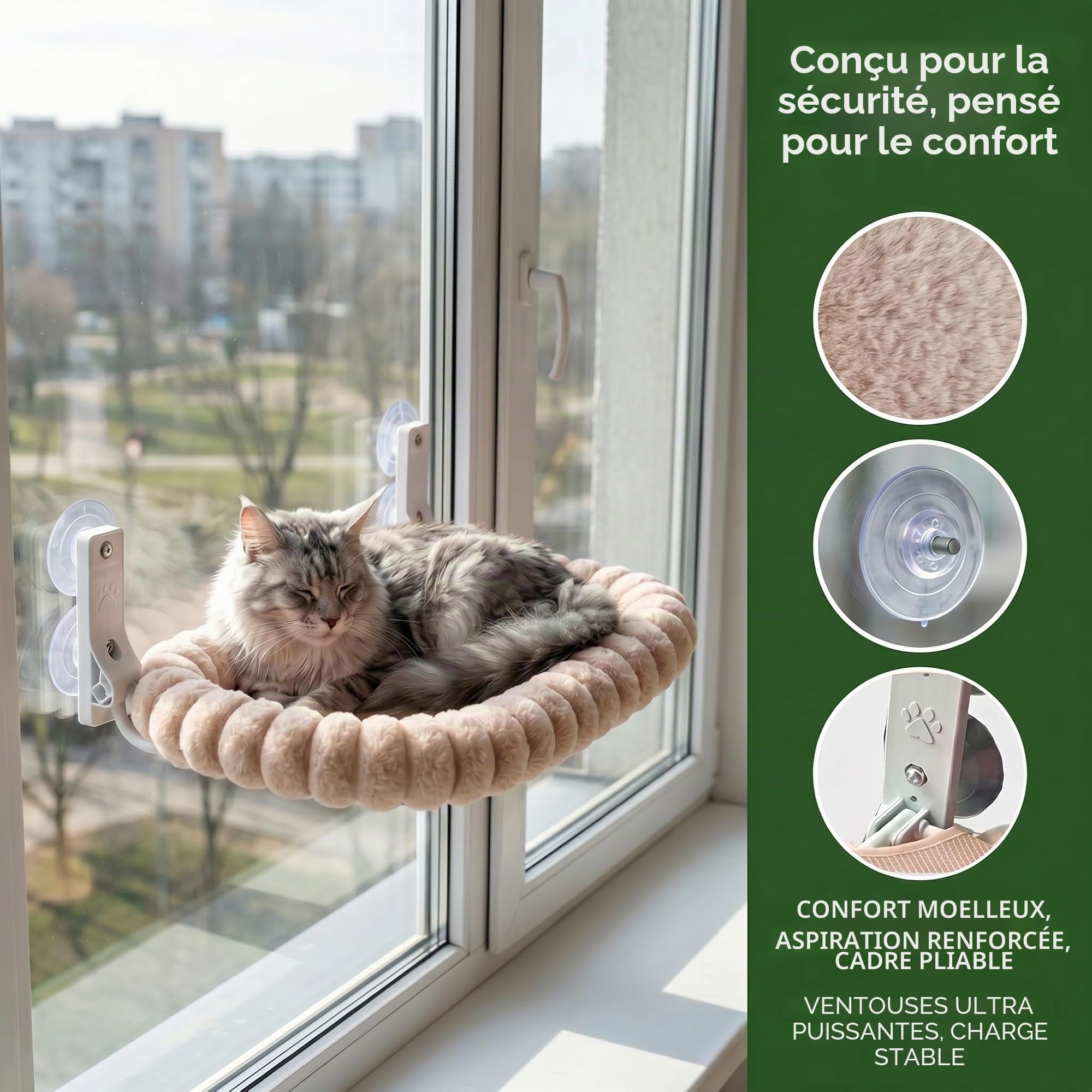 Hamac de fenêtre pour chat, lit de fenêtre en peluche pour chat avec 4 ventouses puissantes, perchoir pliable pour chats d'intérieur, cadre en acier robuste supporte 18kg, lavable, M(52x30cm
